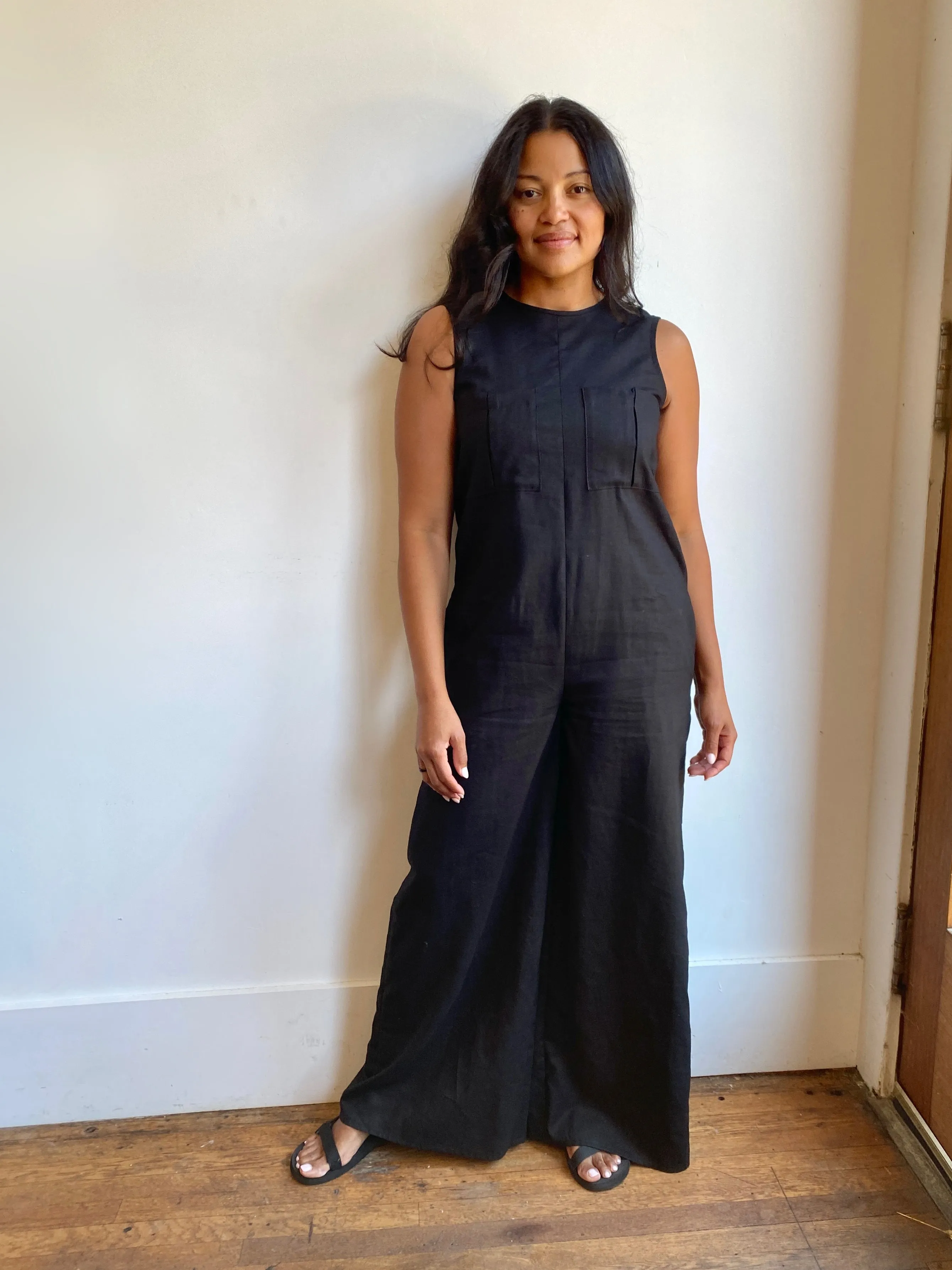 Black Sleeveless Linen Zoe Jumpsuit w/ Tie Back & Belt