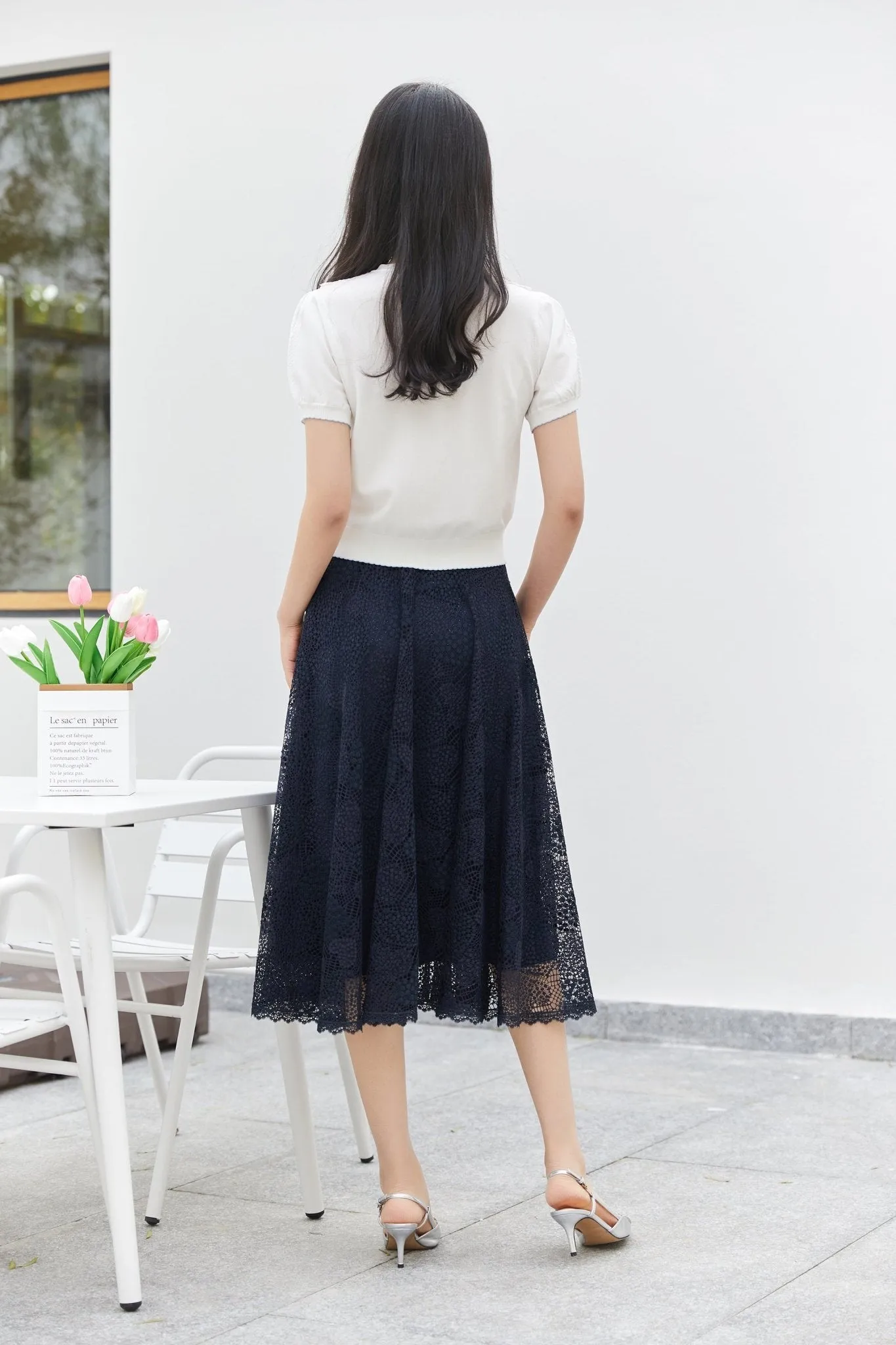 Black Yarn Lace Umbrella Midi Skirt