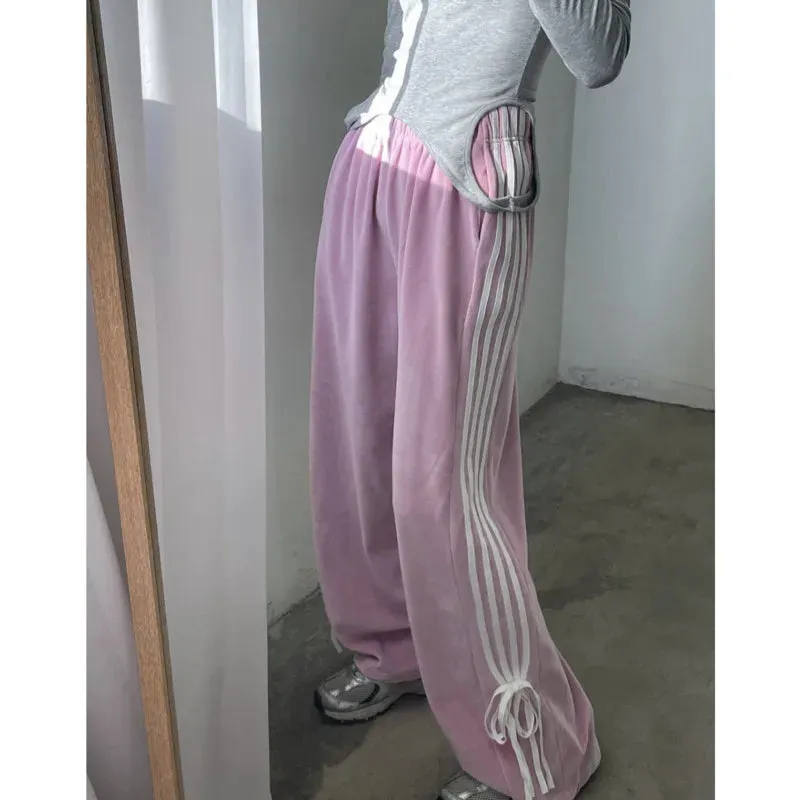 Bonnyshow  Casual Velvet Pink Striped Sweatpants Bow Lace Up Wide Leg Trousers Elastic Waist Straight Pants Streetwear Sweatpants For Women