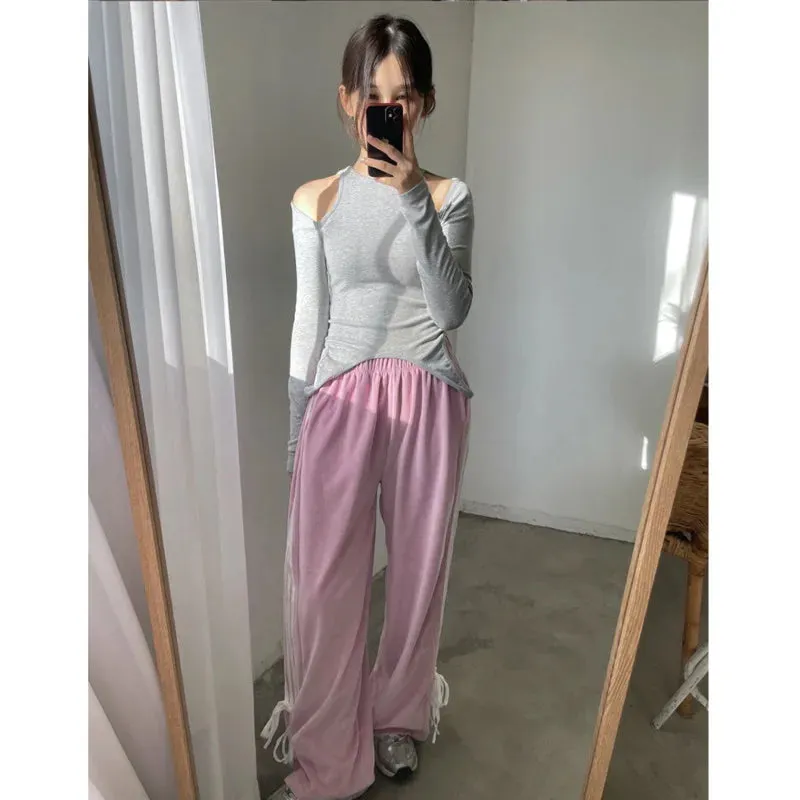 Bonnyshow  Casual Velvet Pink Striped Sweatpants Bow Lace Up Wide Leg Trousers Elastic Waist Straight Pants Streetwear Sweatpants For Women