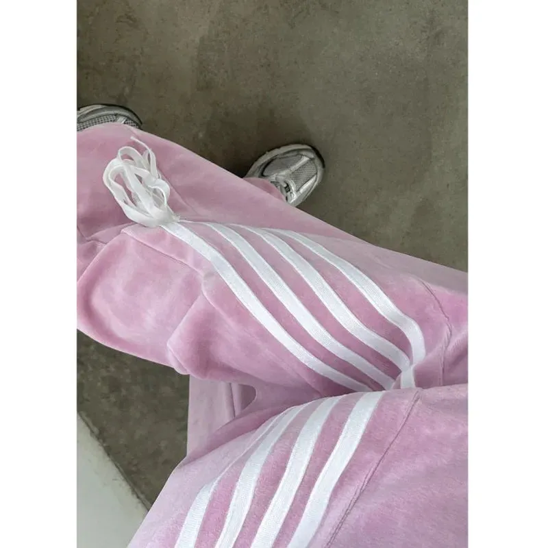 Bonnyshow  Casual Velvet Pink Striped Sweatpants Bow Lace Up Wide Leg Trousers Elastic Waist Straight Pants Streetwear Sweatpants For Women