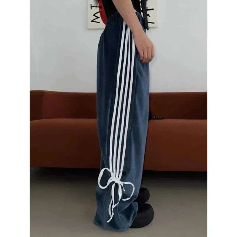 Bonnyshow  Casual Velvet Pink Striped Sweatpants Bow Lace Up Wide Leg Trousers Elastic Waist Straight Pants Streetwear Sweatpants For Women