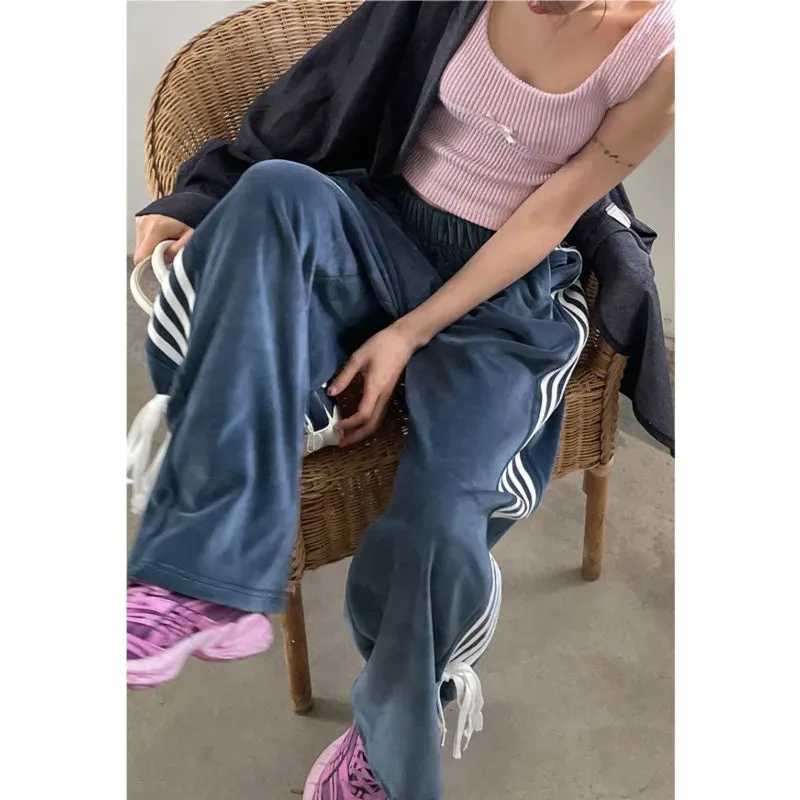 Bonnyshow  Casual Velvet Pink Striped Sweatpants Bow Lace Up Wide Leg Trousers Elastic Waist Straight Pants Streetwear Sweatpants For Women