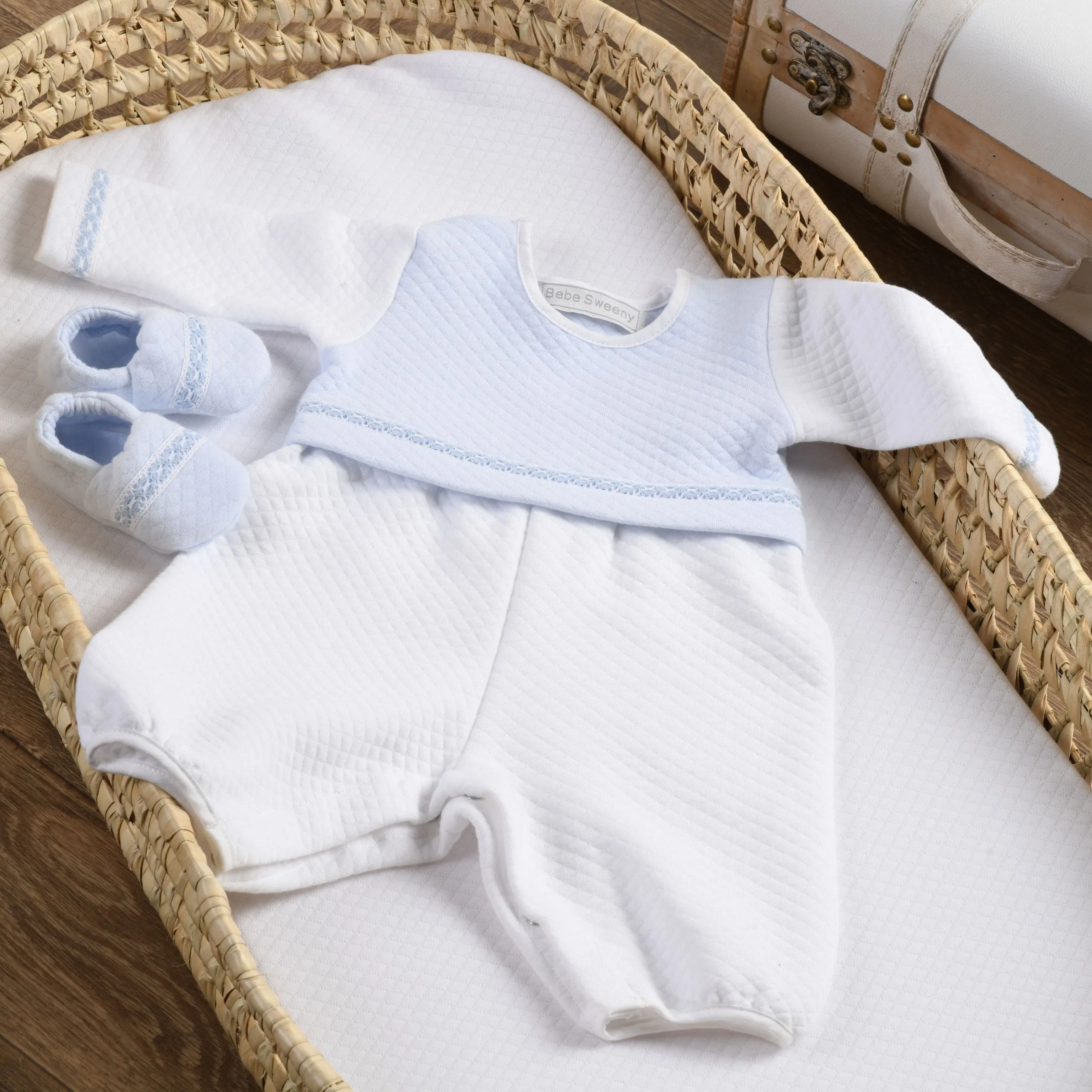 Boys White & Blue Quilted Cotton Romper