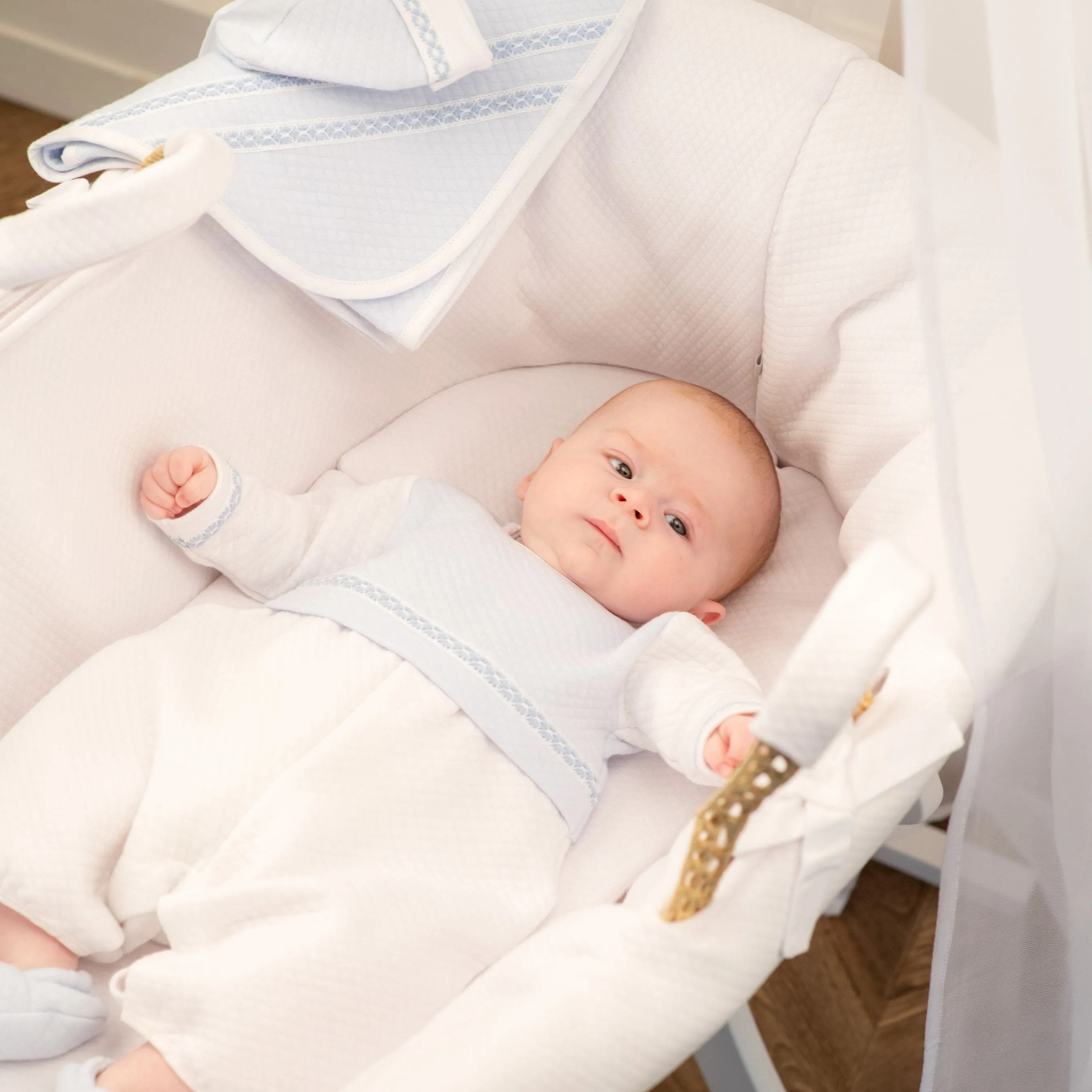 Boys White & Blue Quilted Cotton Romper