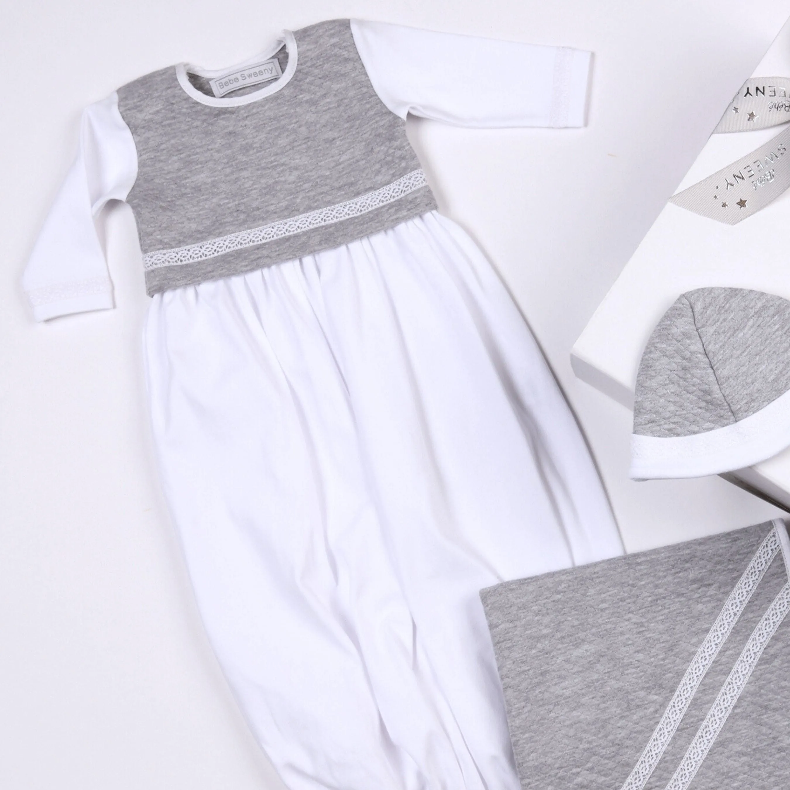 Boys White & Grey Quilted Cotton Gown