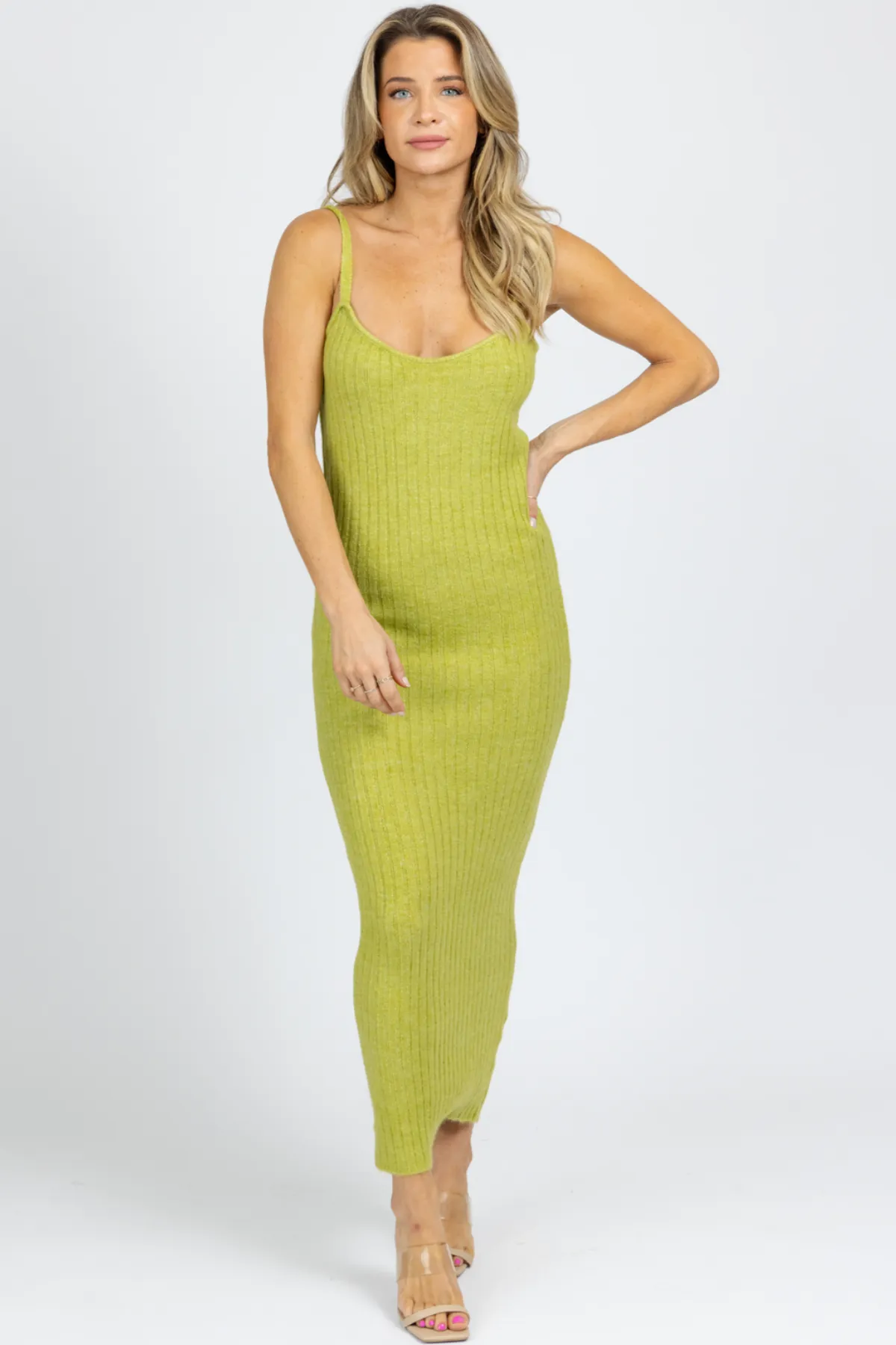 BRIGHT GREEN RIBBED SWEATER MIDI DRESS