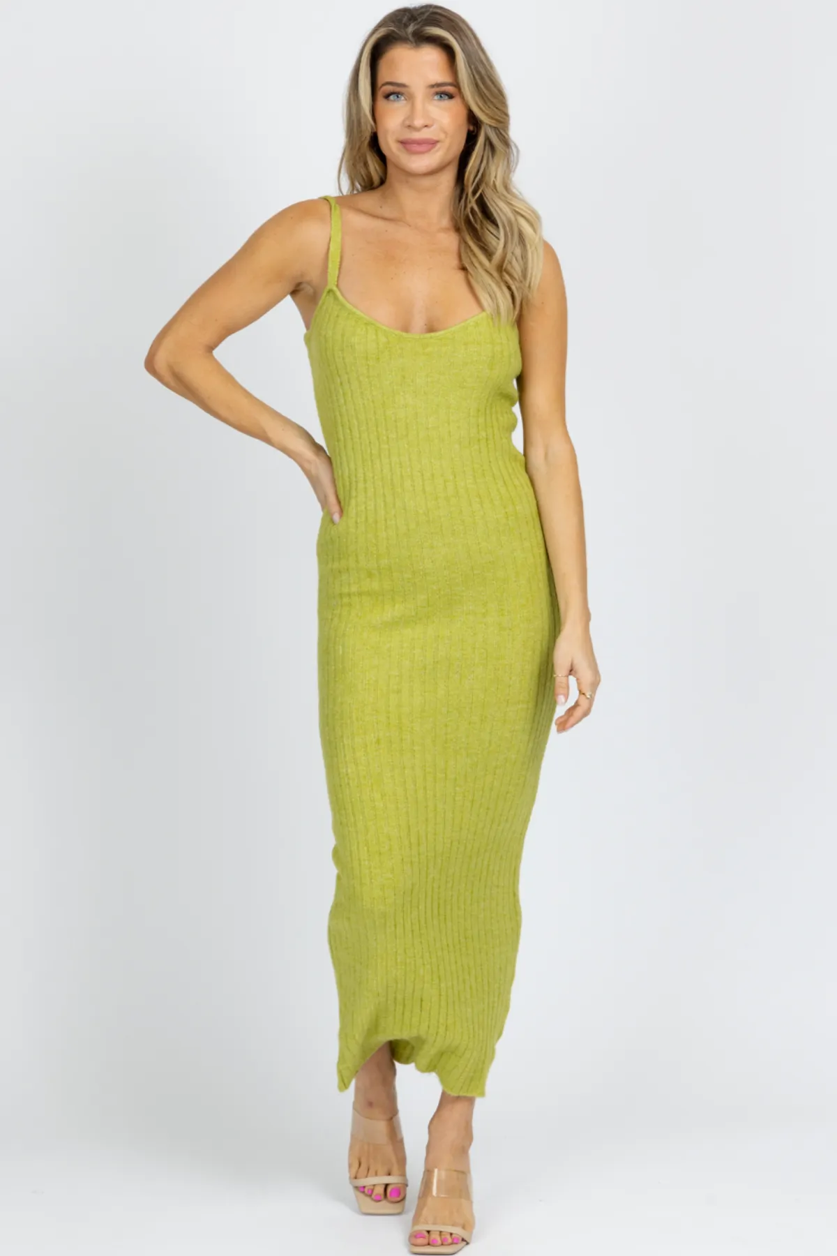 BRIGHT GREEN RIBBED SWEATER MIDI DRESS