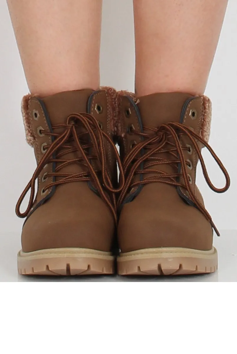 Brown Faux Fur Trim Hiker Boots - Teddy