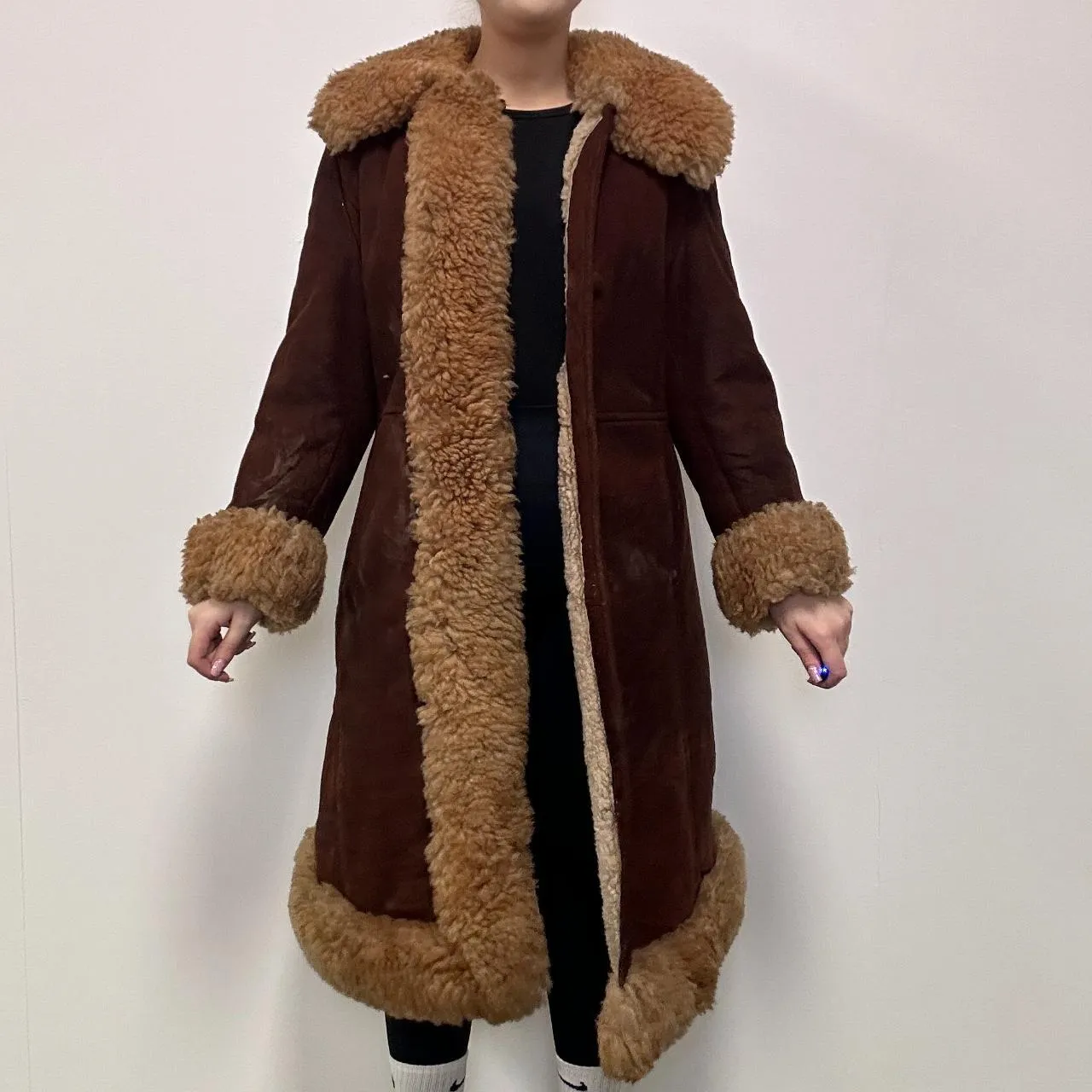 Brown Genuine Sheepskin Shearling Suede Coat - Medium