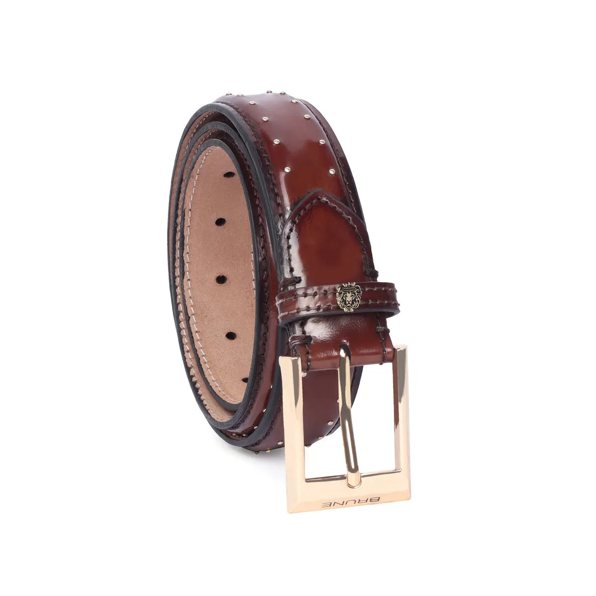 Brown Pint-Sized Stud Detailing Patent Leather Gold Finish Buckle Belts By Brune & Bareskin