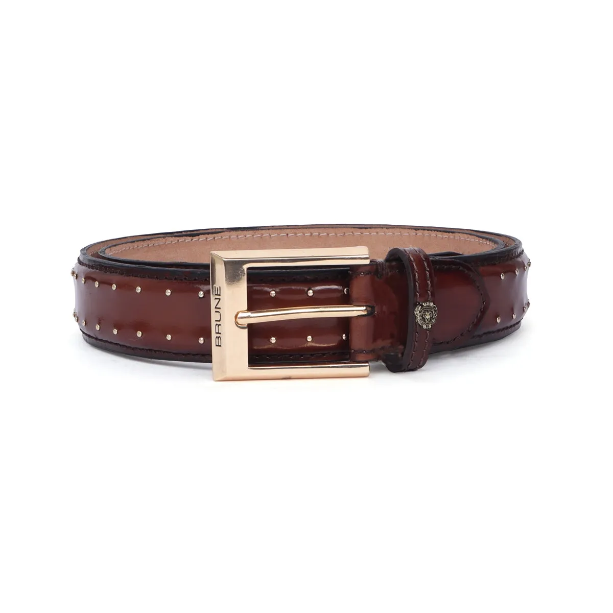 Brown Pint-Sized Stud Detailing Patent Leather Gold Finish Buckle Belts By Brune & Bareskin