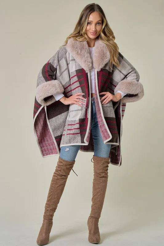 Brown/Red Plaid Pattern Faux Fur Trim Shawl Coat