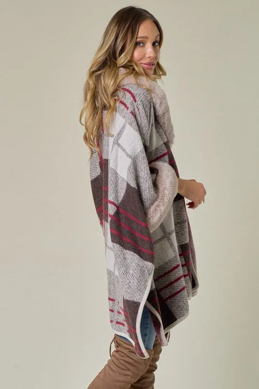 Brown/Red Plaid Pattern Faux Fur Trim Shawl Coat