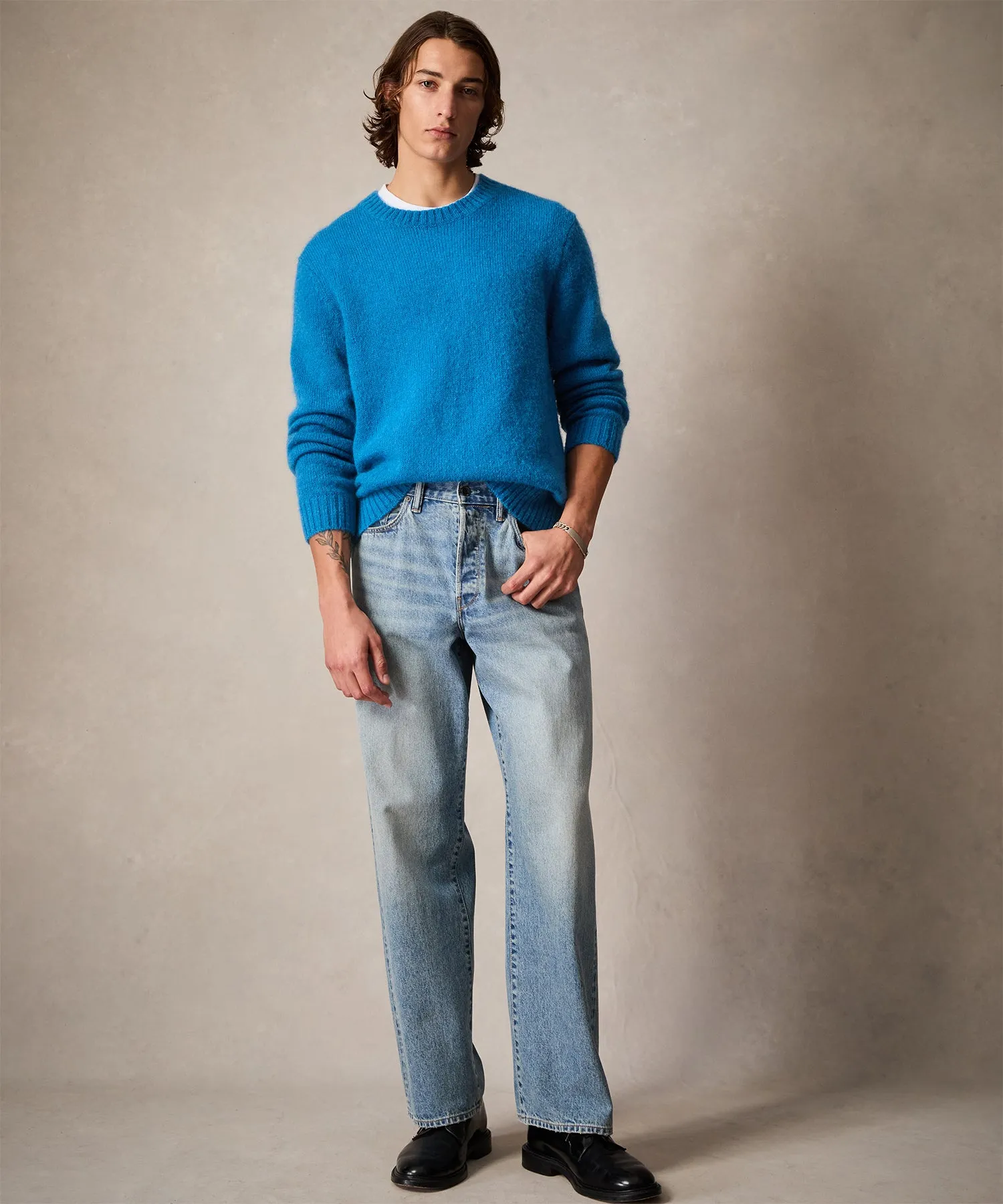 Brushed Mohair Crewneck Sweater in Blue Toile