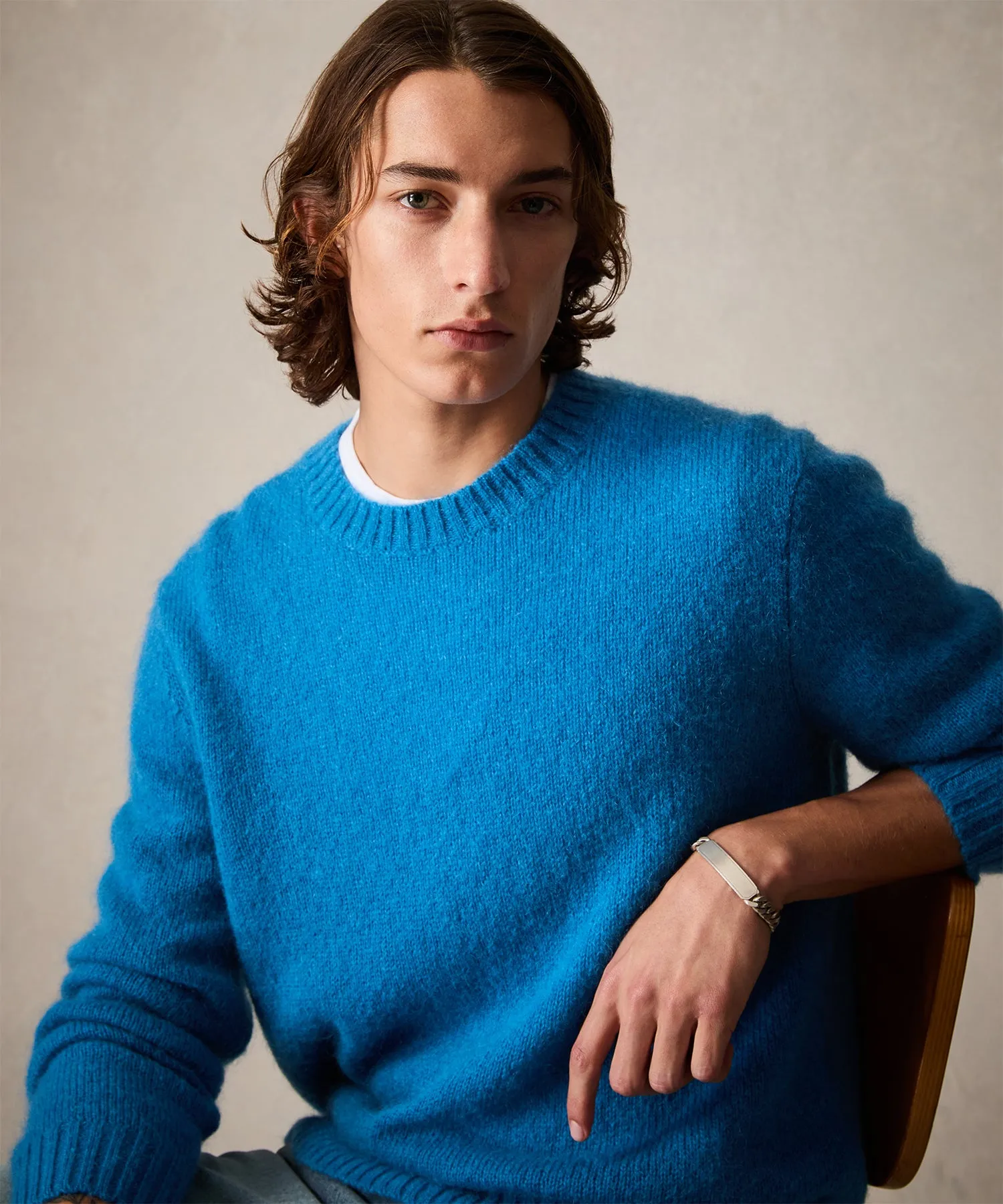 Brushed Mohair Crewneck Sweater in Blue Toile