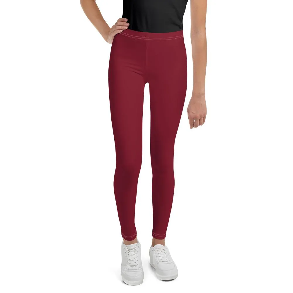 Burgundy Red Solid Color Print Premium Youth Leggings Gym Tights - Made in USA/EU