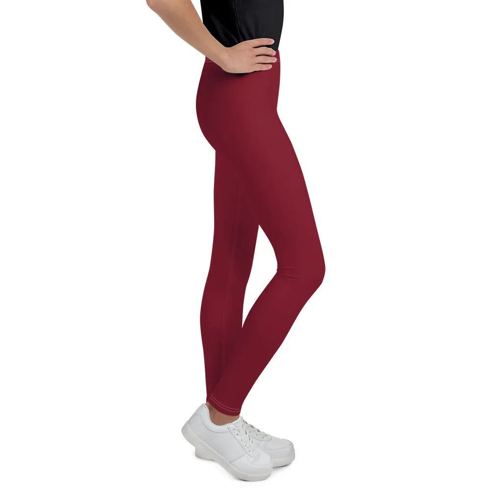 Burgundy Red Solid Color Print Premium Youth Leggings Gym Tights - Made in USA/EU