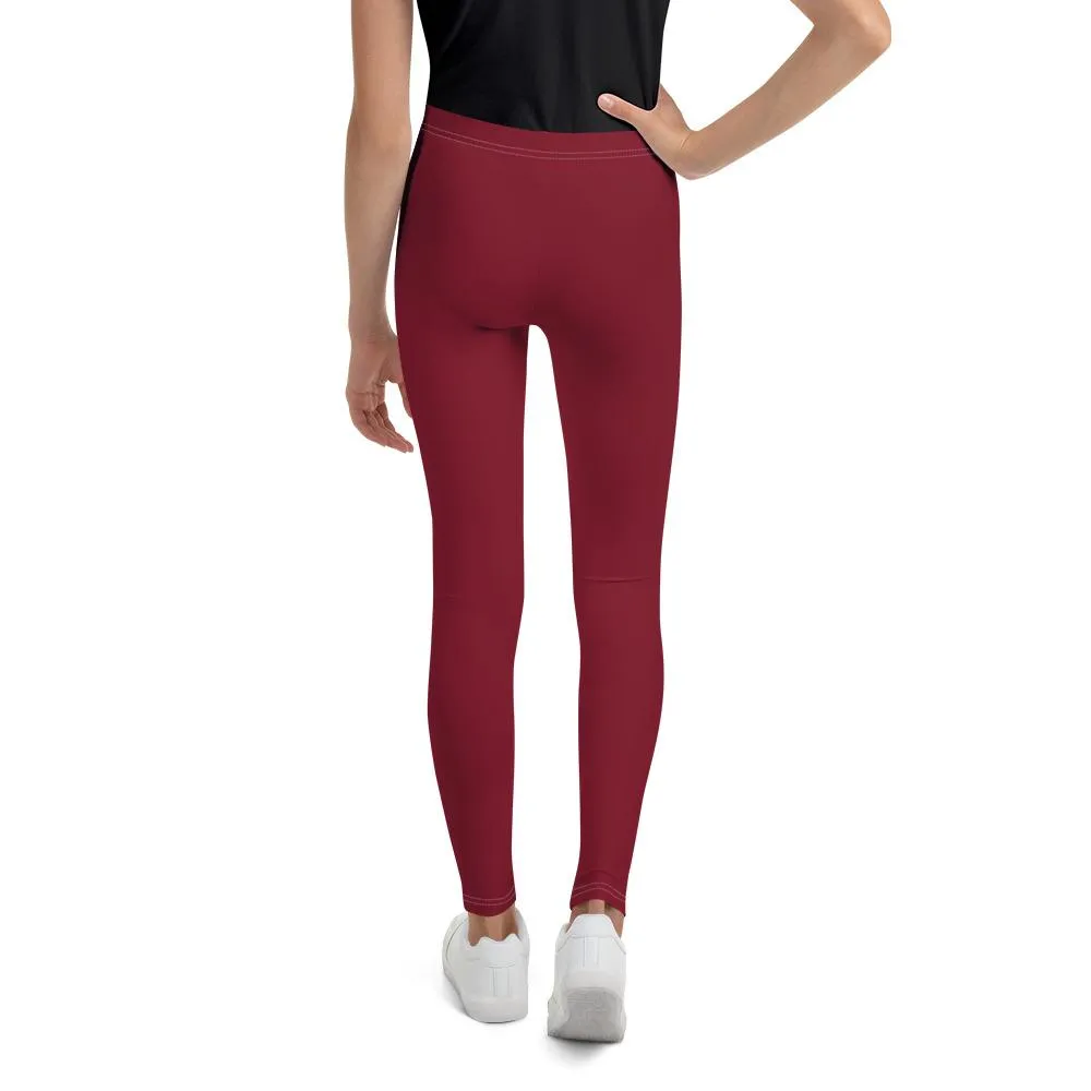 Burgundy Red Solid Color Print Premium Youth Leggings Gym Tights - Made in USA/EU