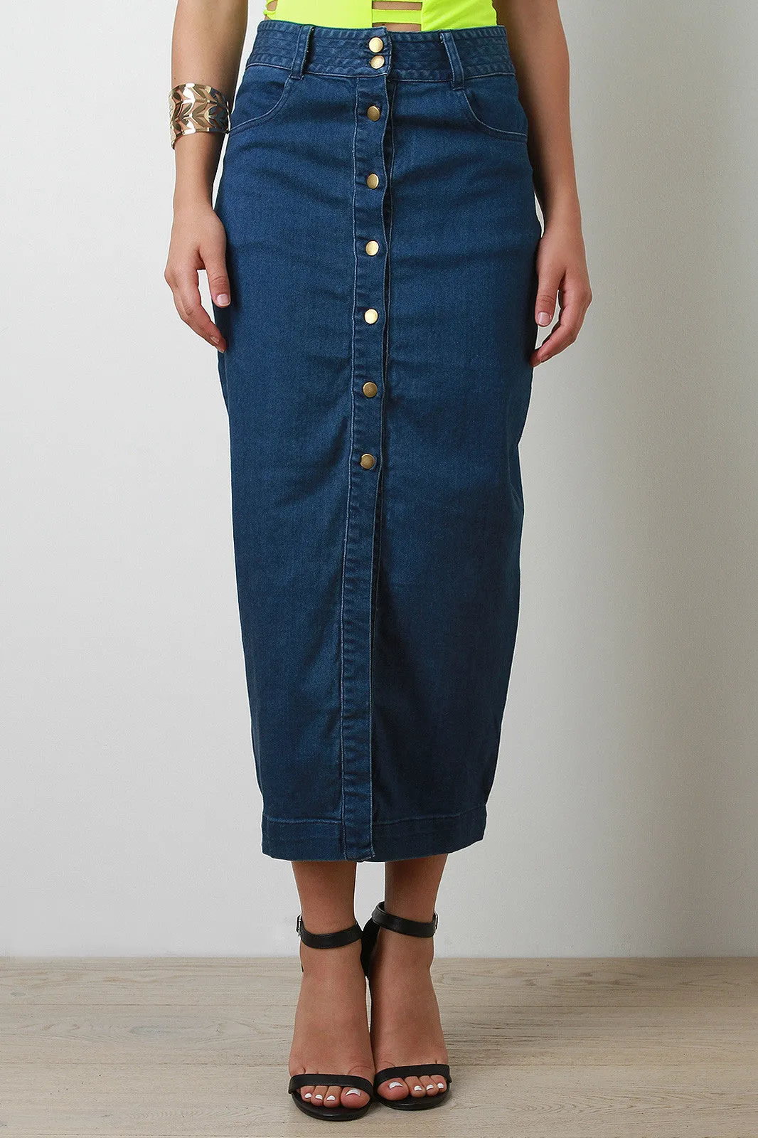 Button Down Denim Midi Skirt