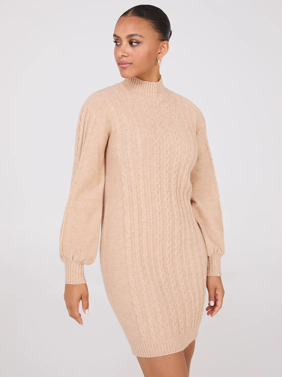 Cable Knit Mock Neck Sweater Dress