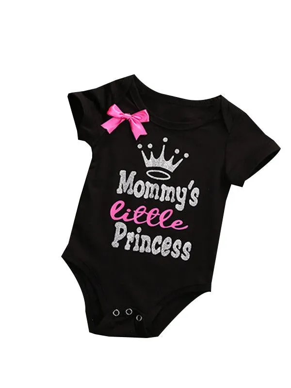 Cartoon Crown Letters Printed Bowknot Baby Girl Bodysuit