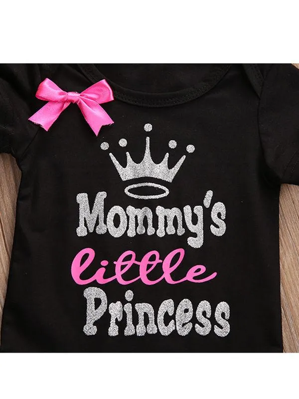 Cartoon Crown Letters Printed Bowknot Baby Girl Bodysuit