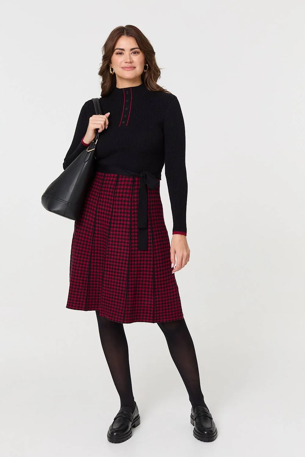 Checked Pleated Knee Length Jumper Dress