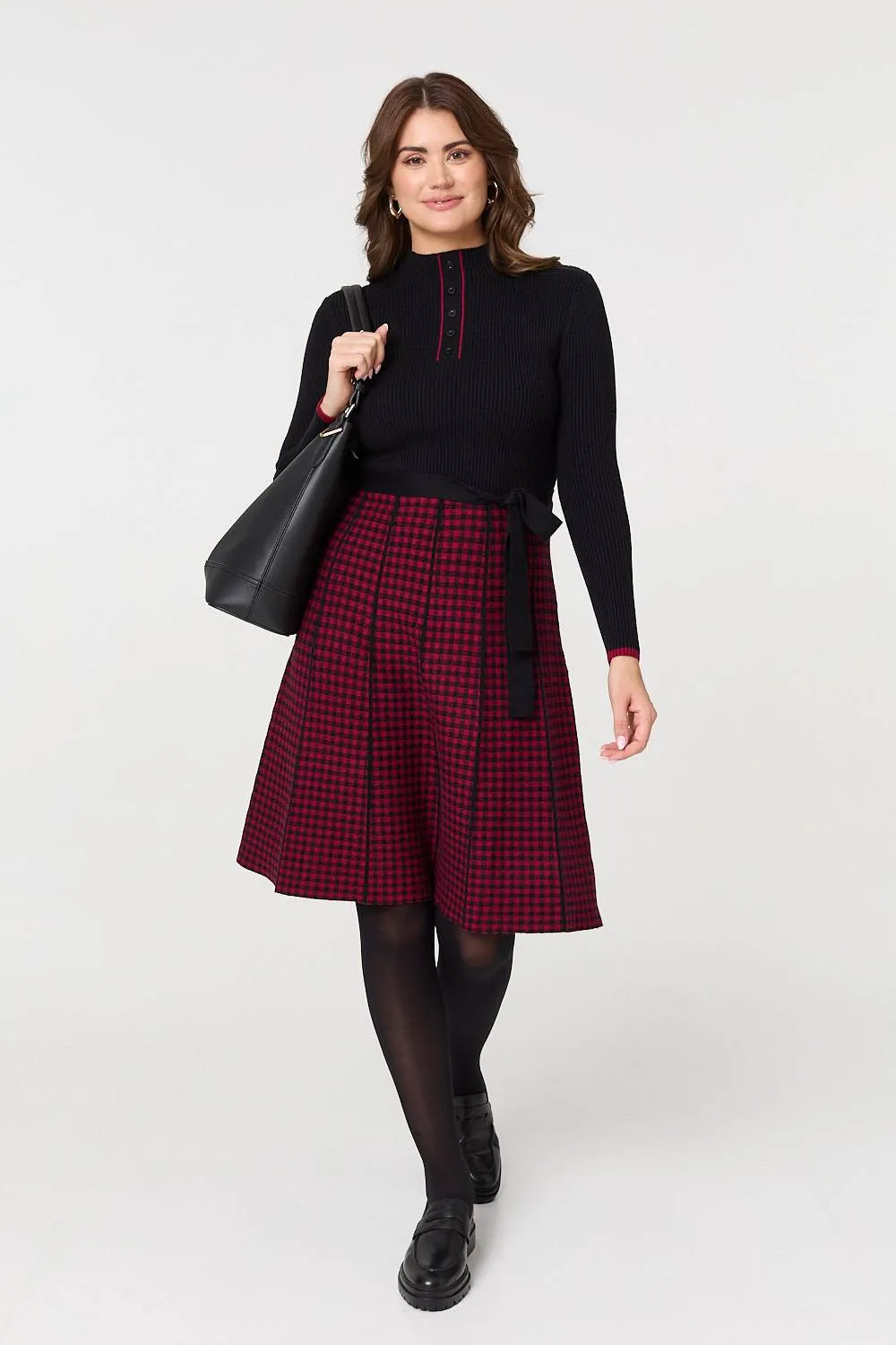 Checked Pleated Knee Length Jumper Dress