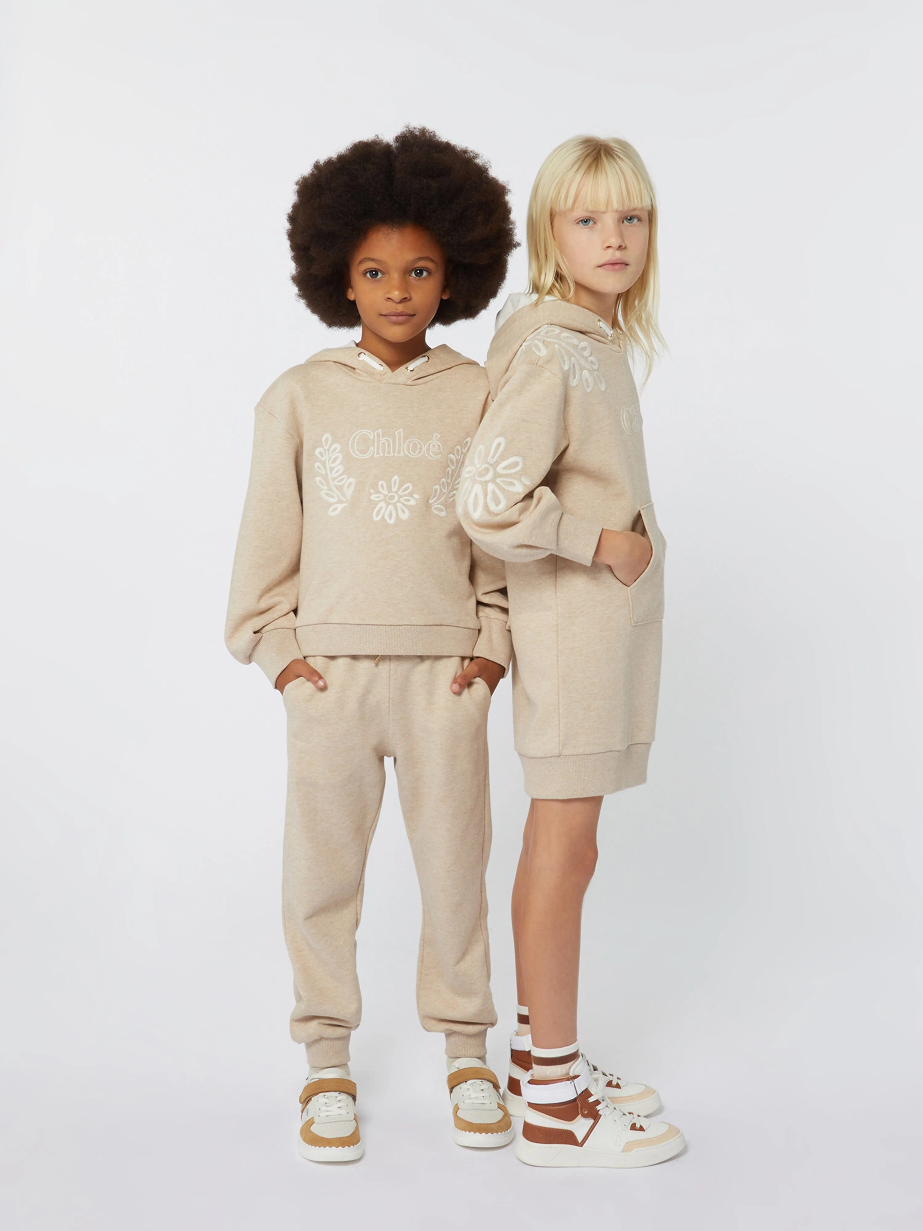 Chloé Girls Embroidered Hooded Sweater Dress in Beige