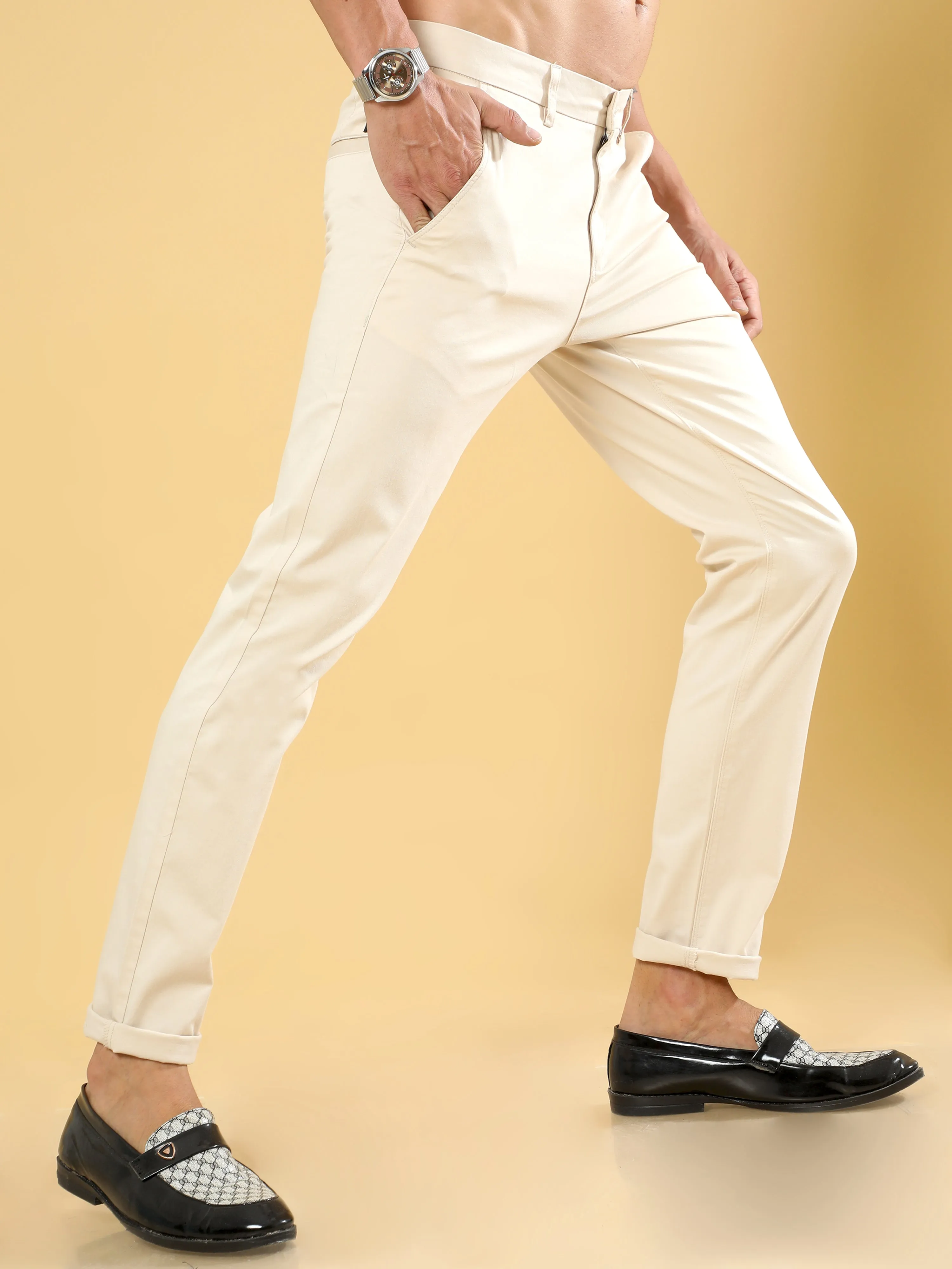 Cotton Dobby Cream Lycra Chino