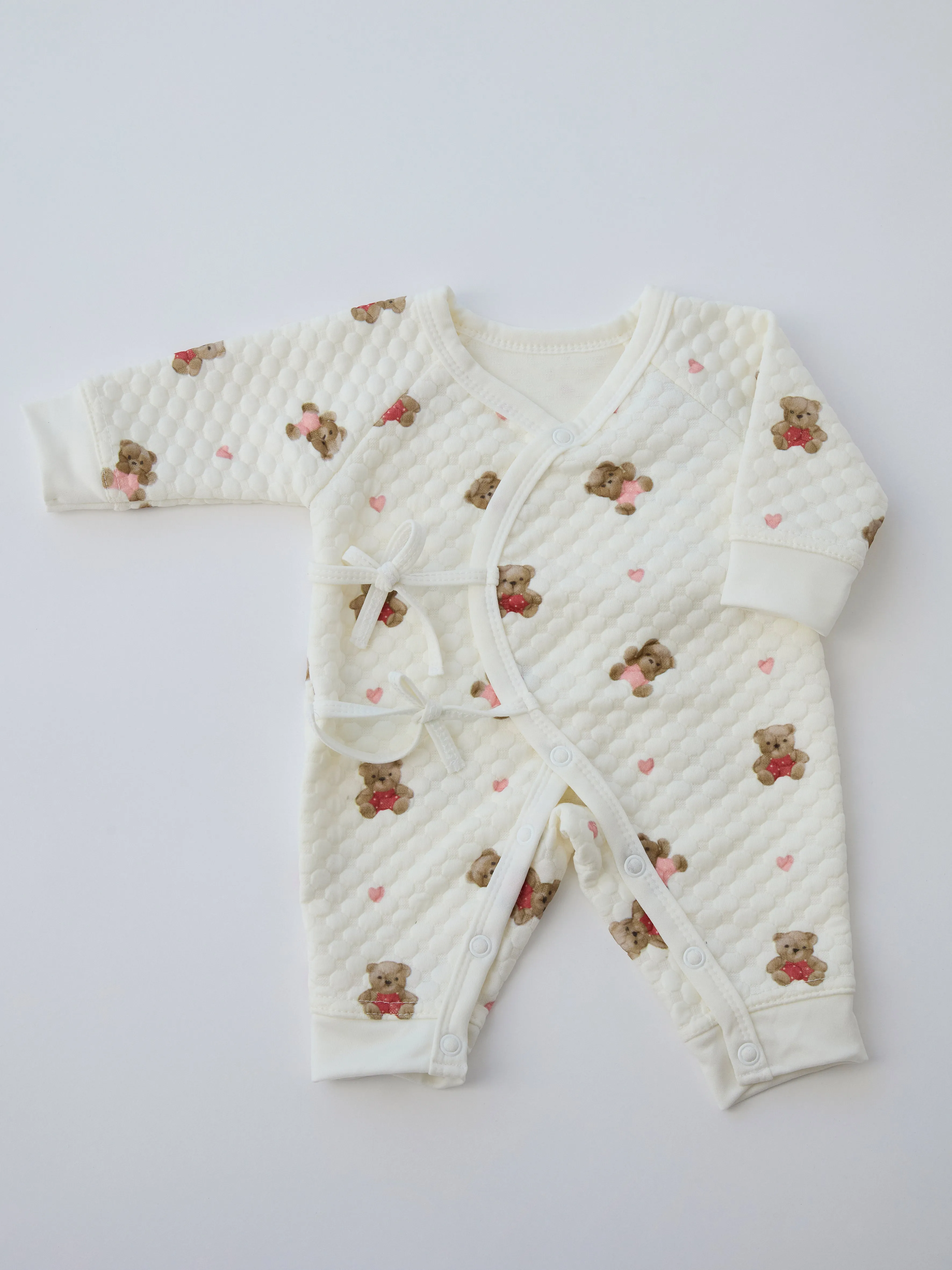 Cream Bubble Quilt Pink Teddy Heart Print Wrap Baby Romper