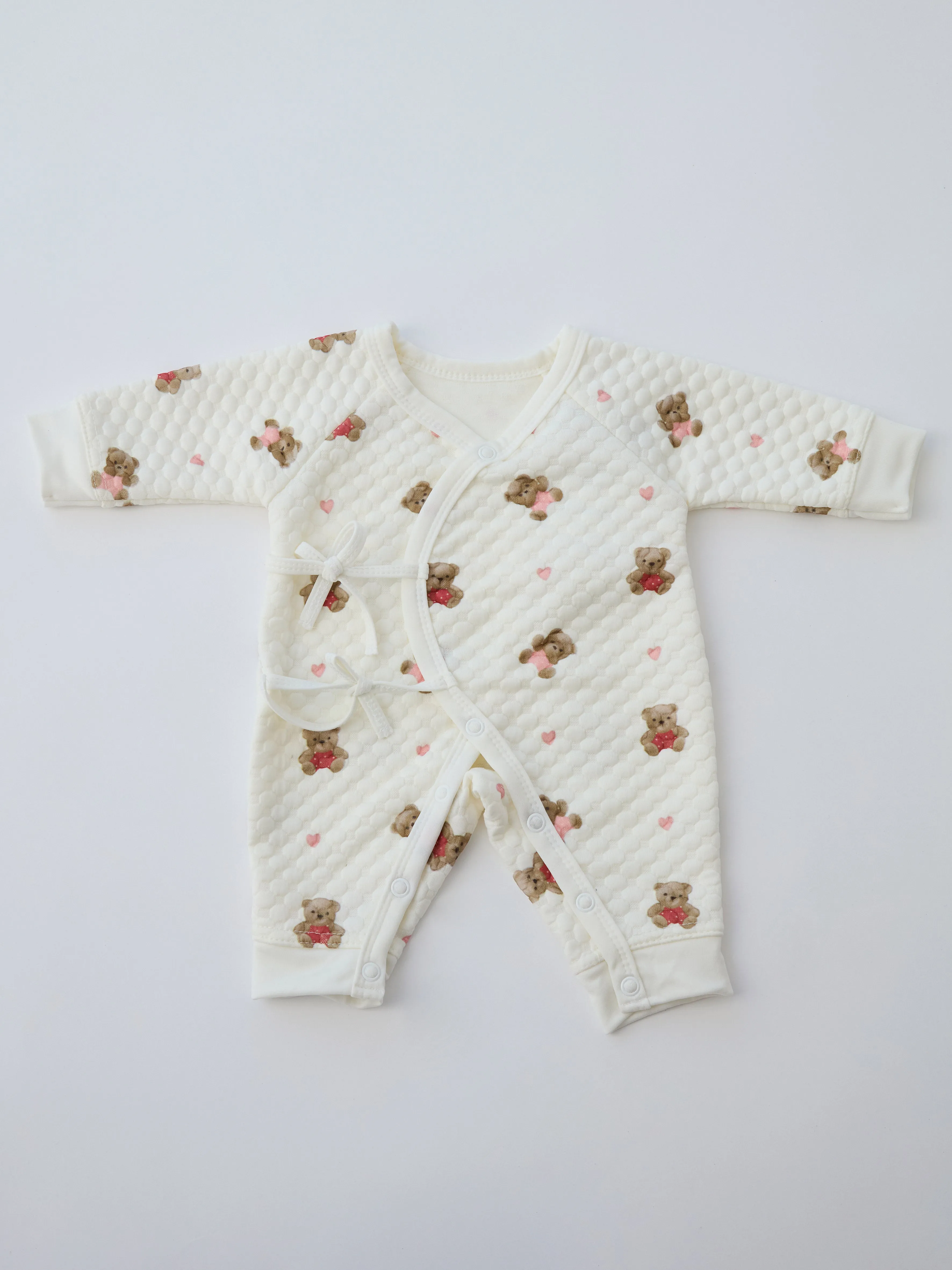 Cream Bubble Quilt Pink Teddy Heart Print Wrap Baby Romper