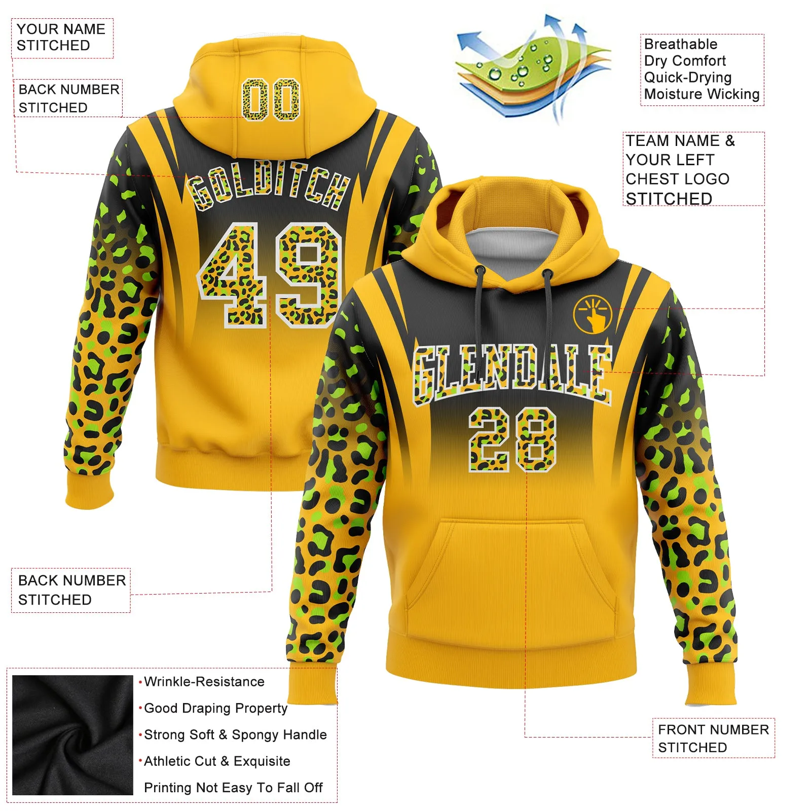 Custom Stitched Black Gold-Neon Green Fade Fashion Leopard Print Sports Pullover Sweatshirt Hoodie