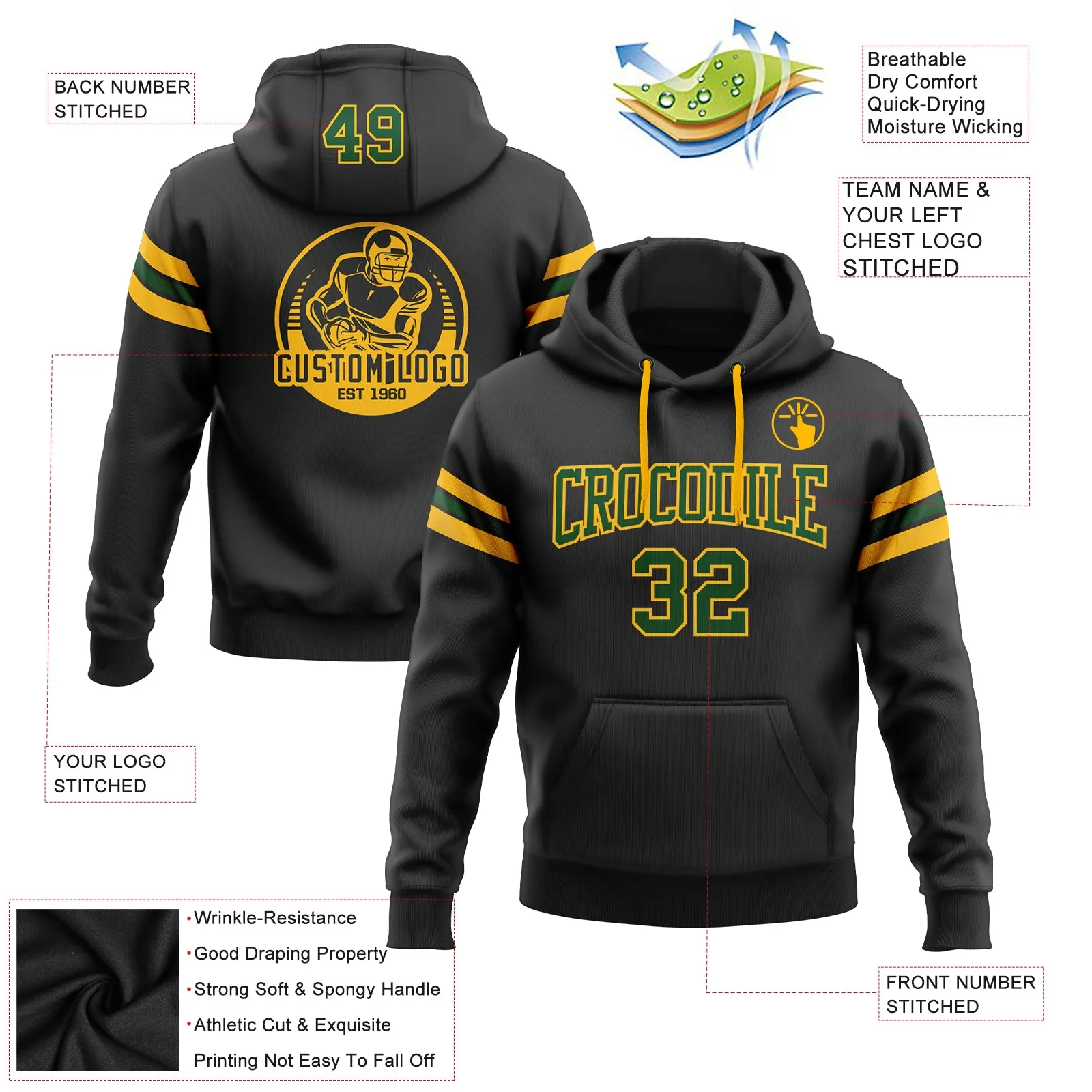 Custom Stitched Black Green-Gold Football Pullover Sweatshirt Hoodie