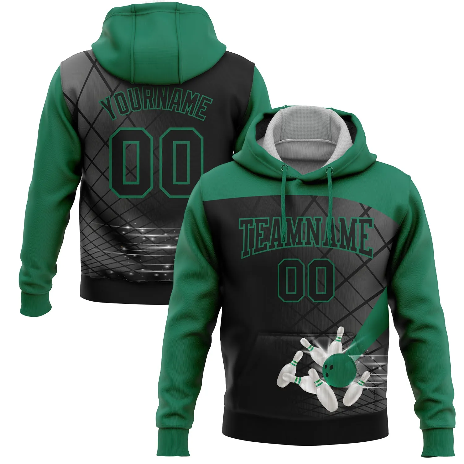 Custom Stitched Black Kelly Green 3D Bowling Sports Pullover Sweatshirt Hoodie