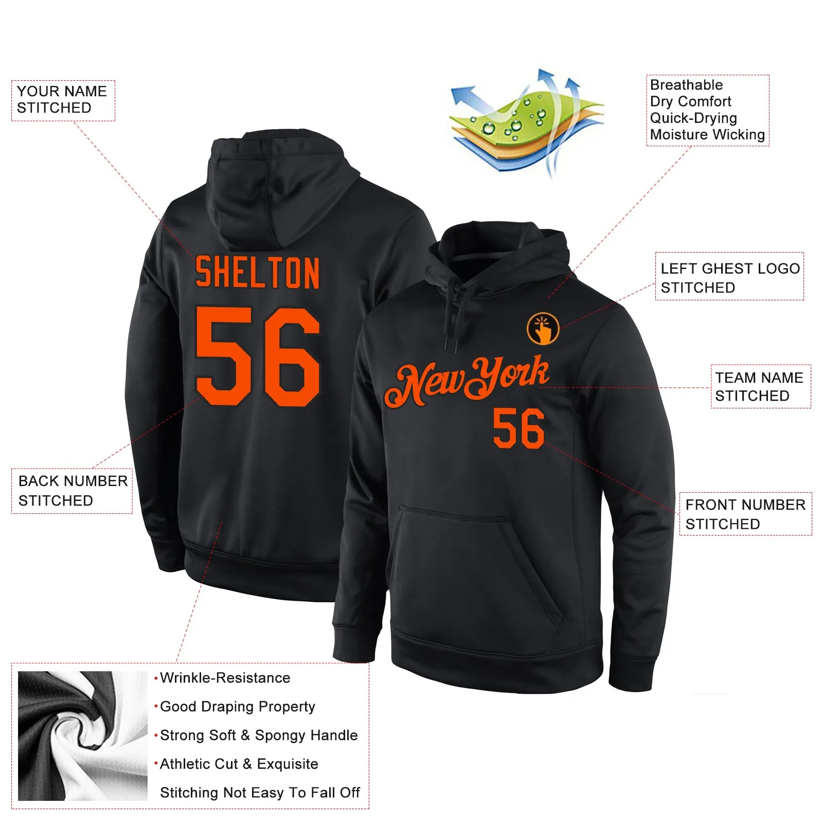 Custom Stitched Black Orange Sports Pullover Sweatshirt Hoodie