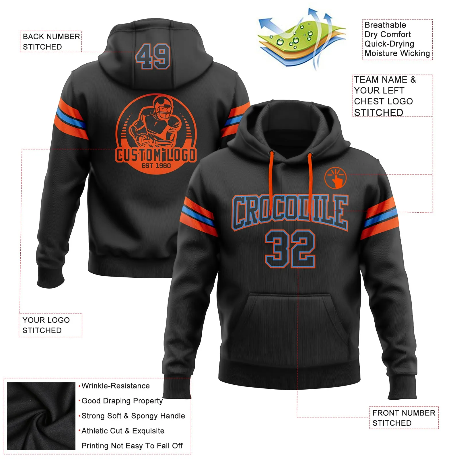 Custom Stitched Black Powder Blue-Orange Football Pullover Sweatshirt Hoodie