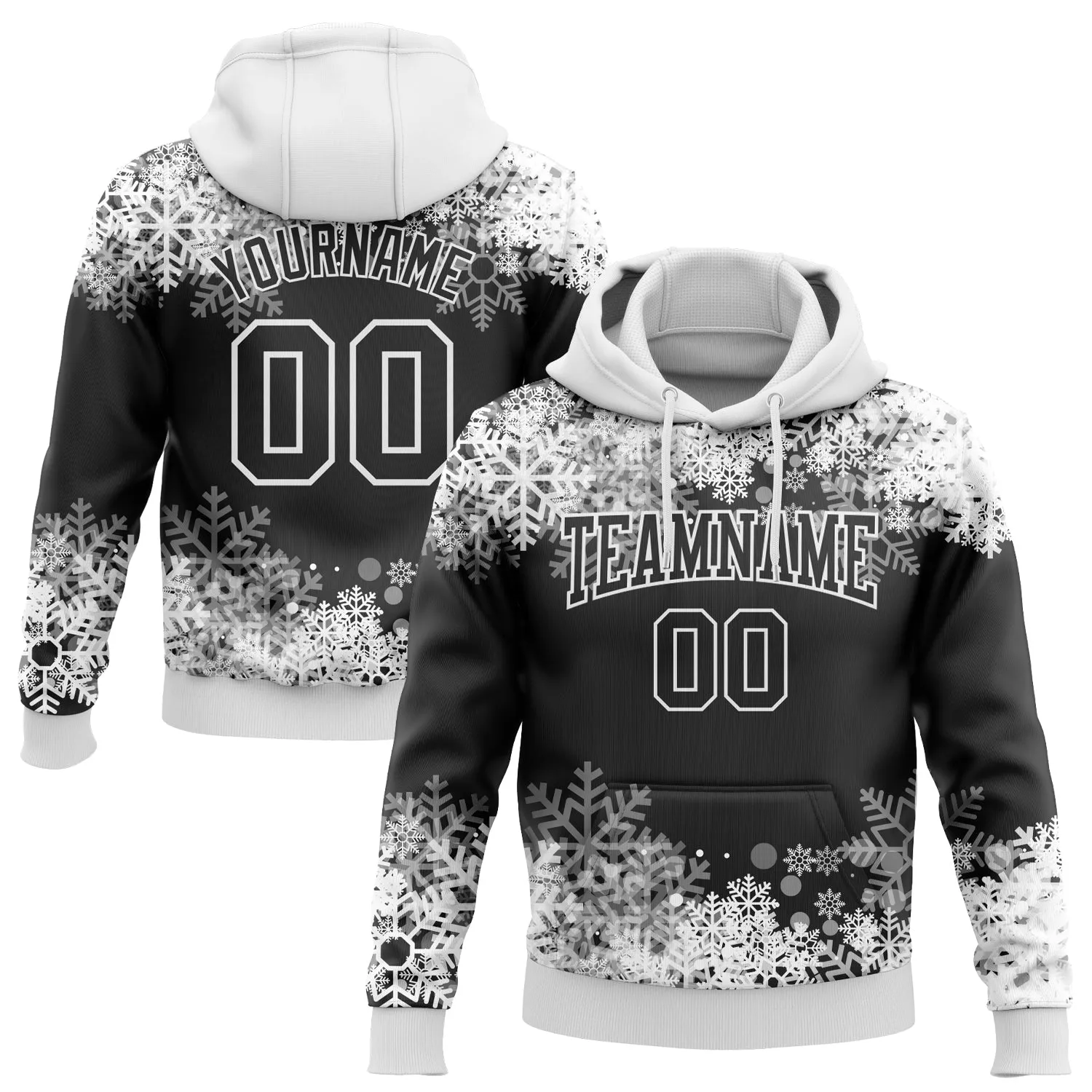 Custom Stitched Black White Christmas Snowflakes 3D Sports Pullover Sweatshirt Hoodie