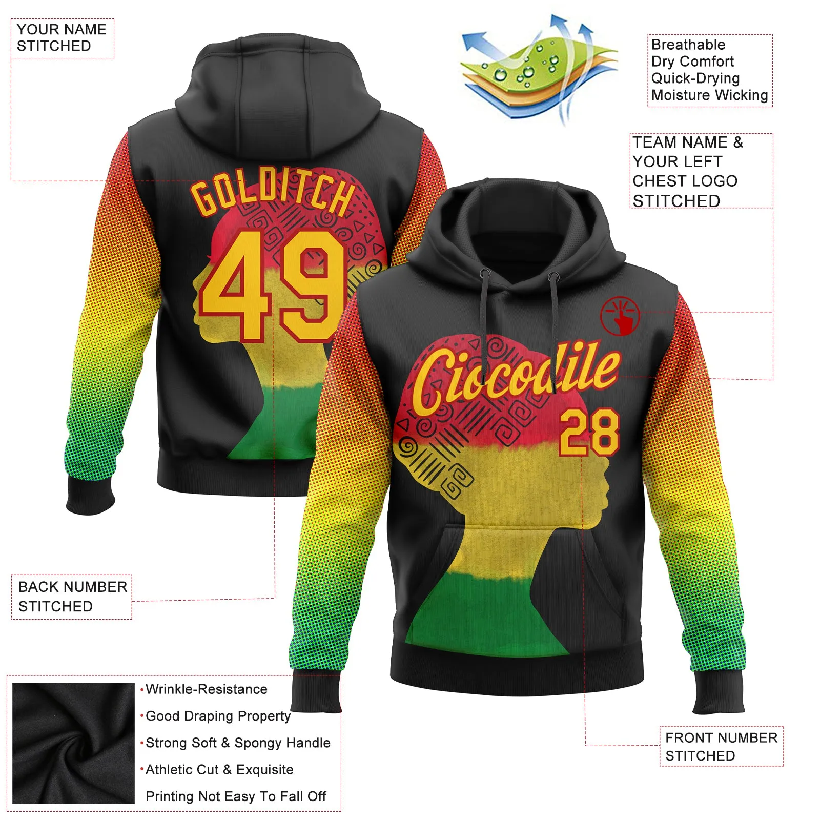 Custom Stitched Black Yellow-Red 3D Pattern Design Black History Month Sports Pullover Sweatshirt Hoodie