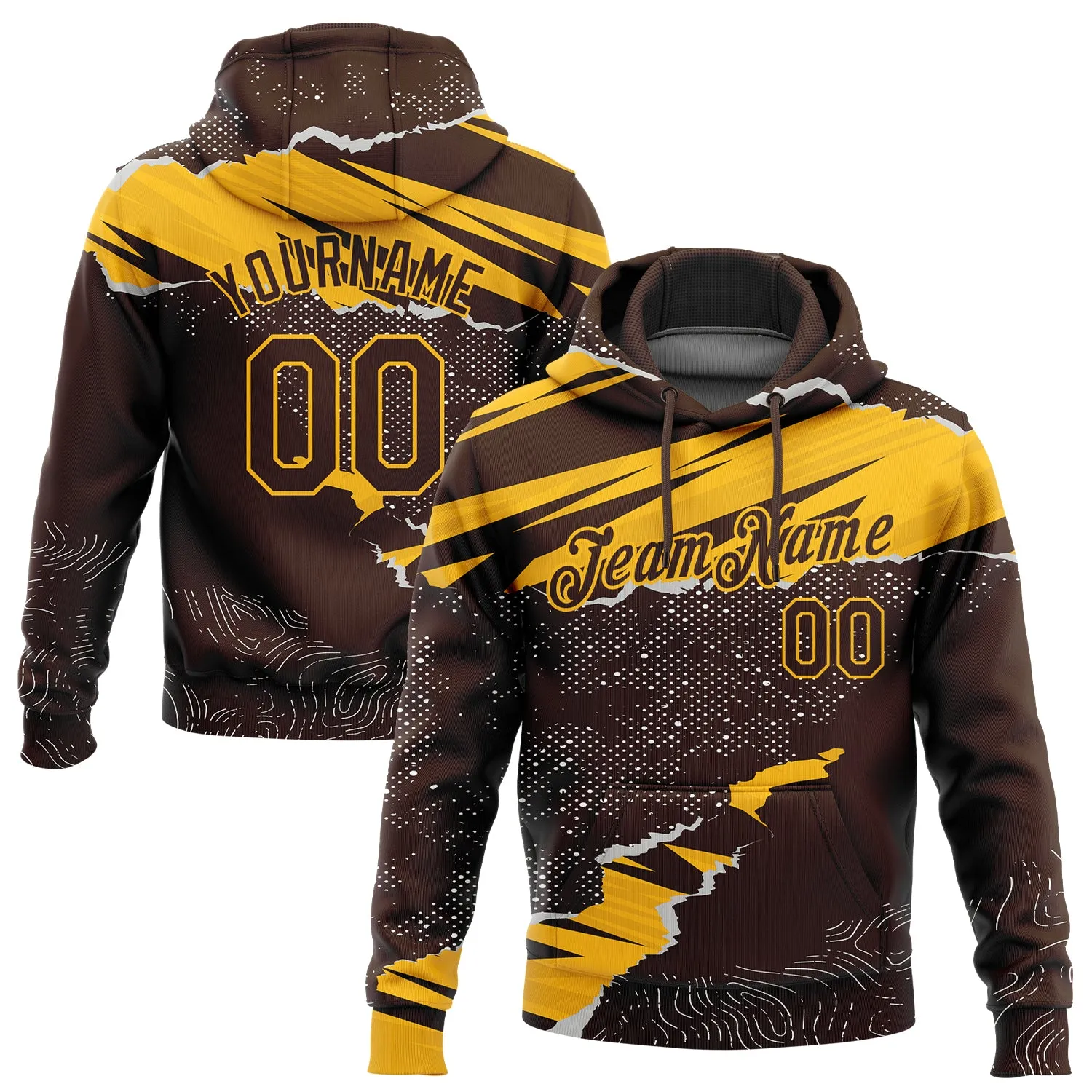 Custom Stitched Brown Gold 3D Pattern Design Torn Paper Style Sports Pullover Sweatshirt Hoodie