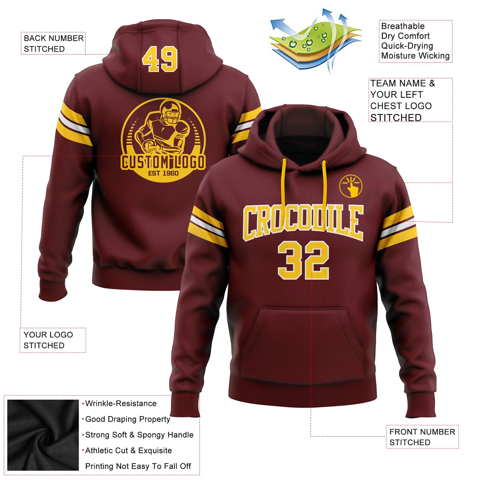 Custom Stitched Burgundy Gold-White Football Pullover Sweatshirt Hoodie