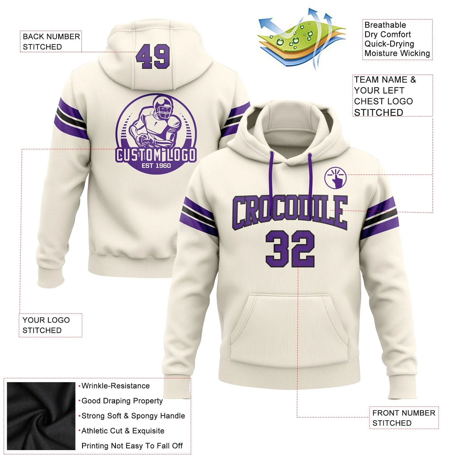 Custom Stitched Cream Purple-Black Football Pullover Sweatshirt Hoodie