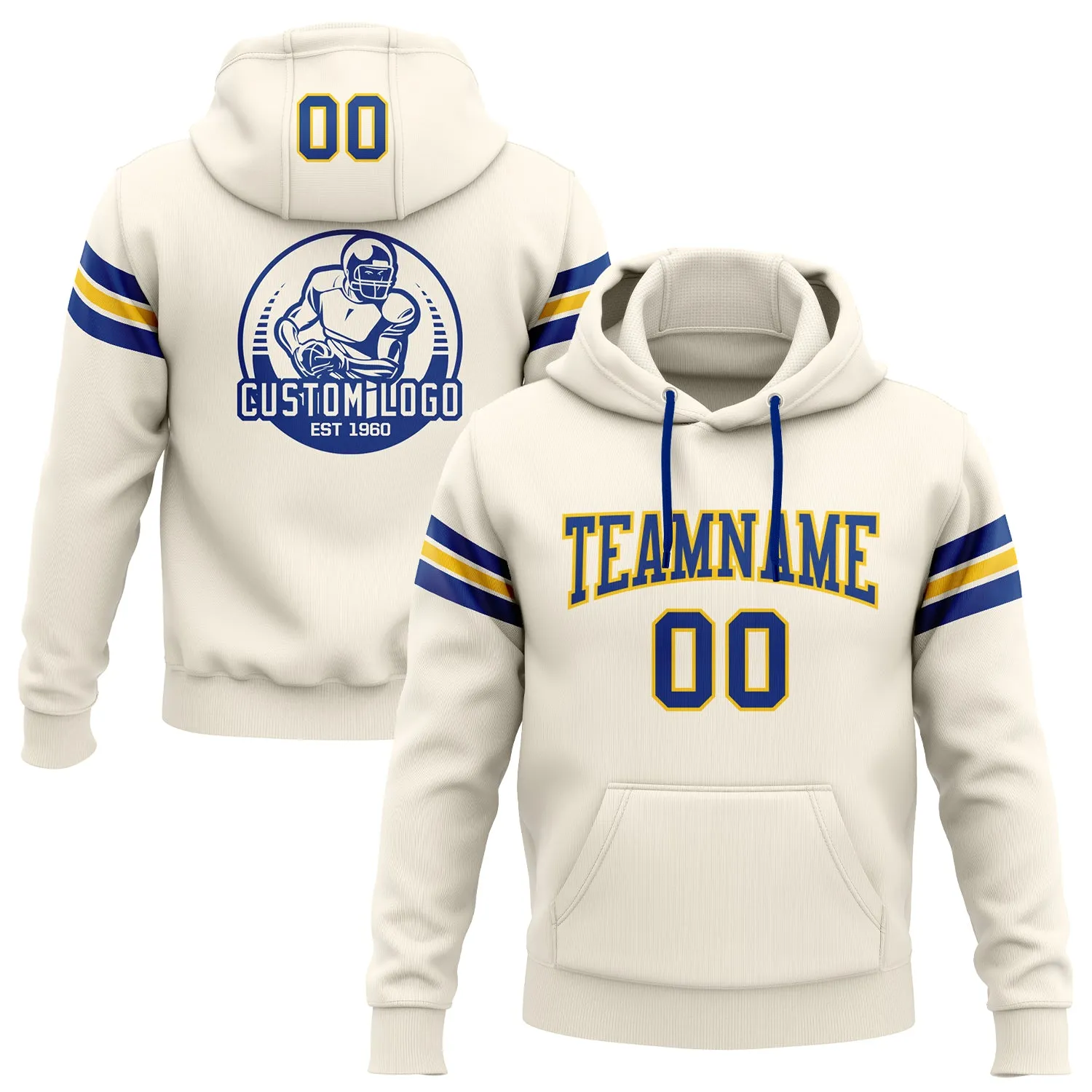 Custom Stitched Cream Royal-Yellow Football Pullover Sweatshirt Hoodie