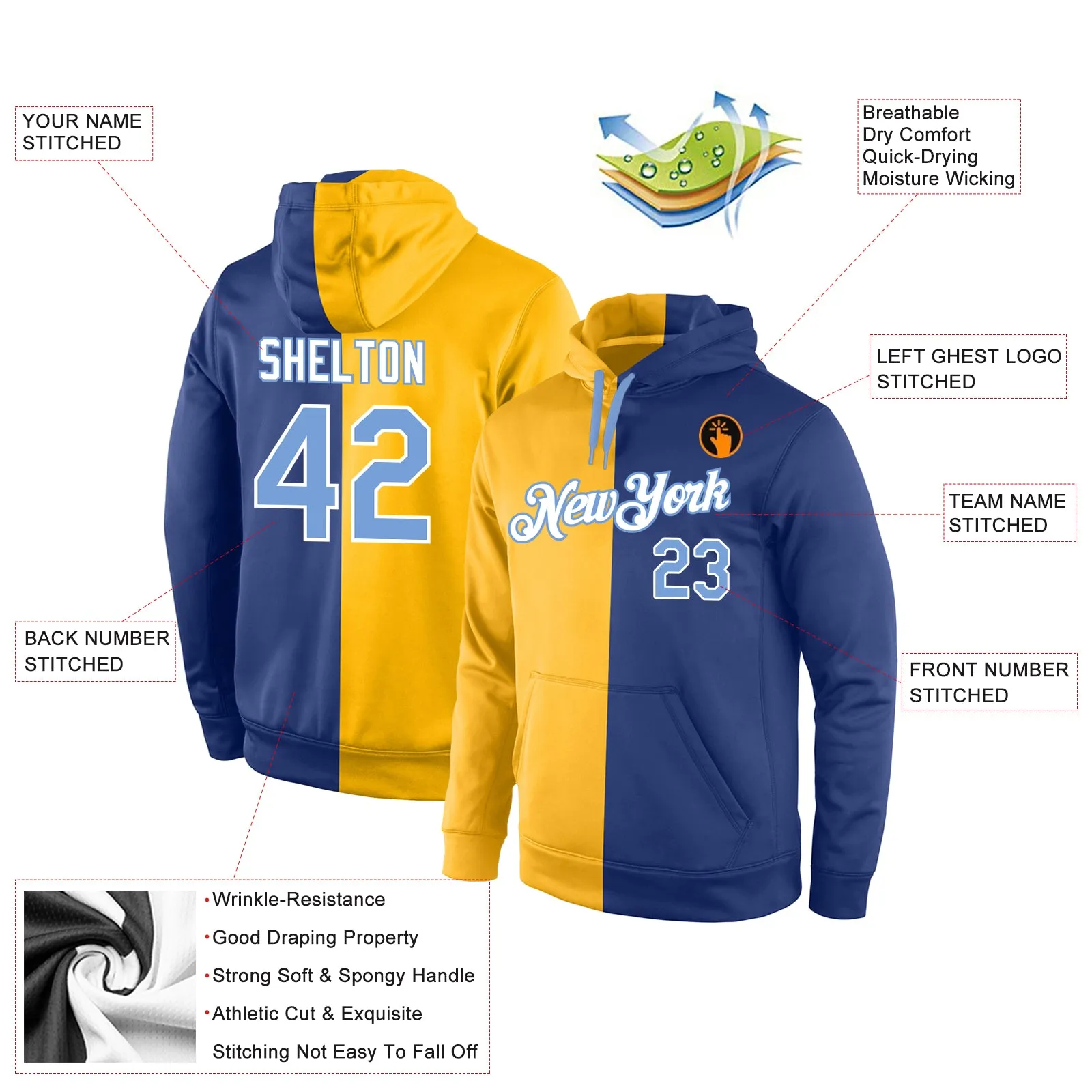 Custom Stitched Gold Light Blue-Royal Split Fashion Sports Pullover Sweatshirt Hoodie