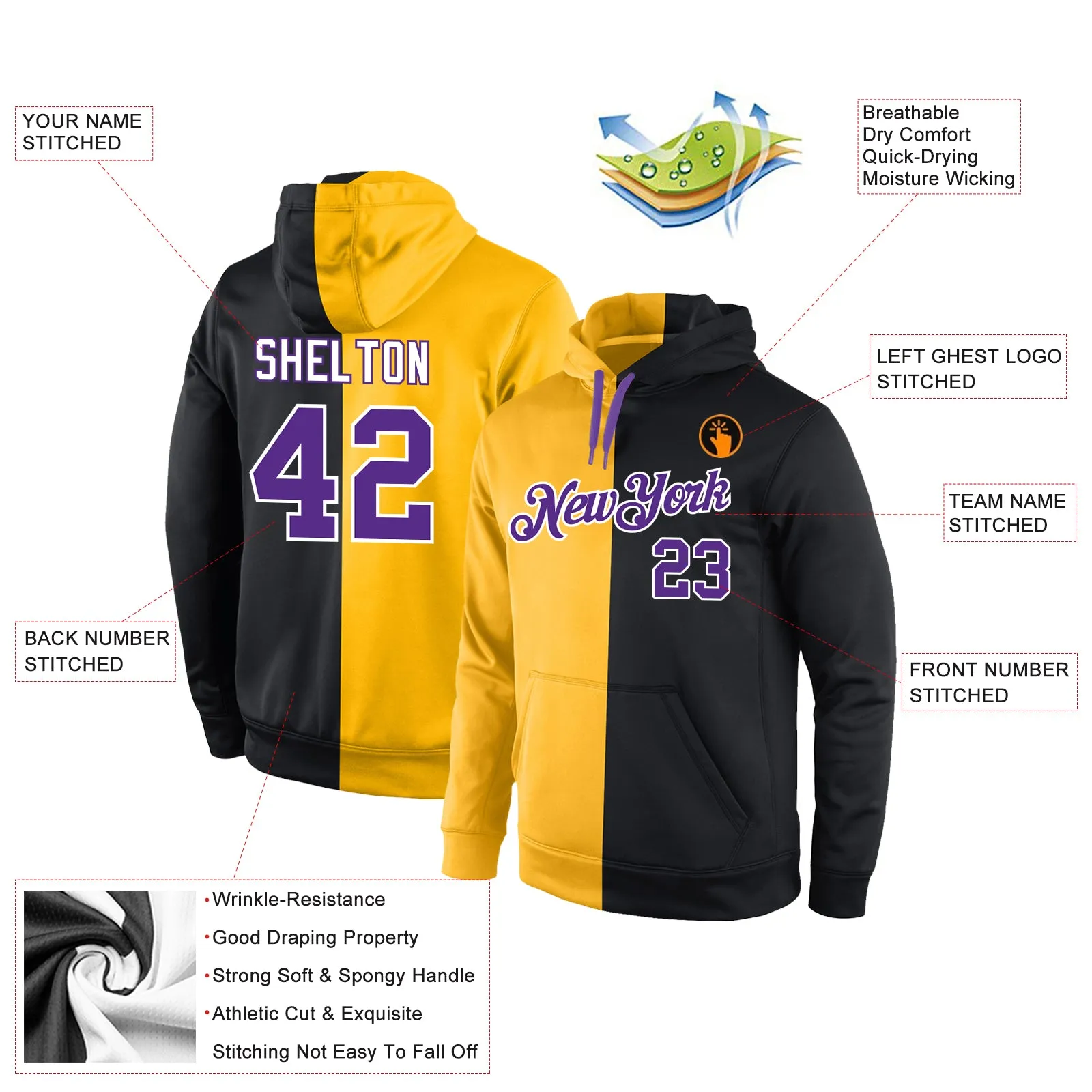 Custom Stitched Gold Purple-Black Split Fashion Sports Pullover Sweatshirt Hoodie