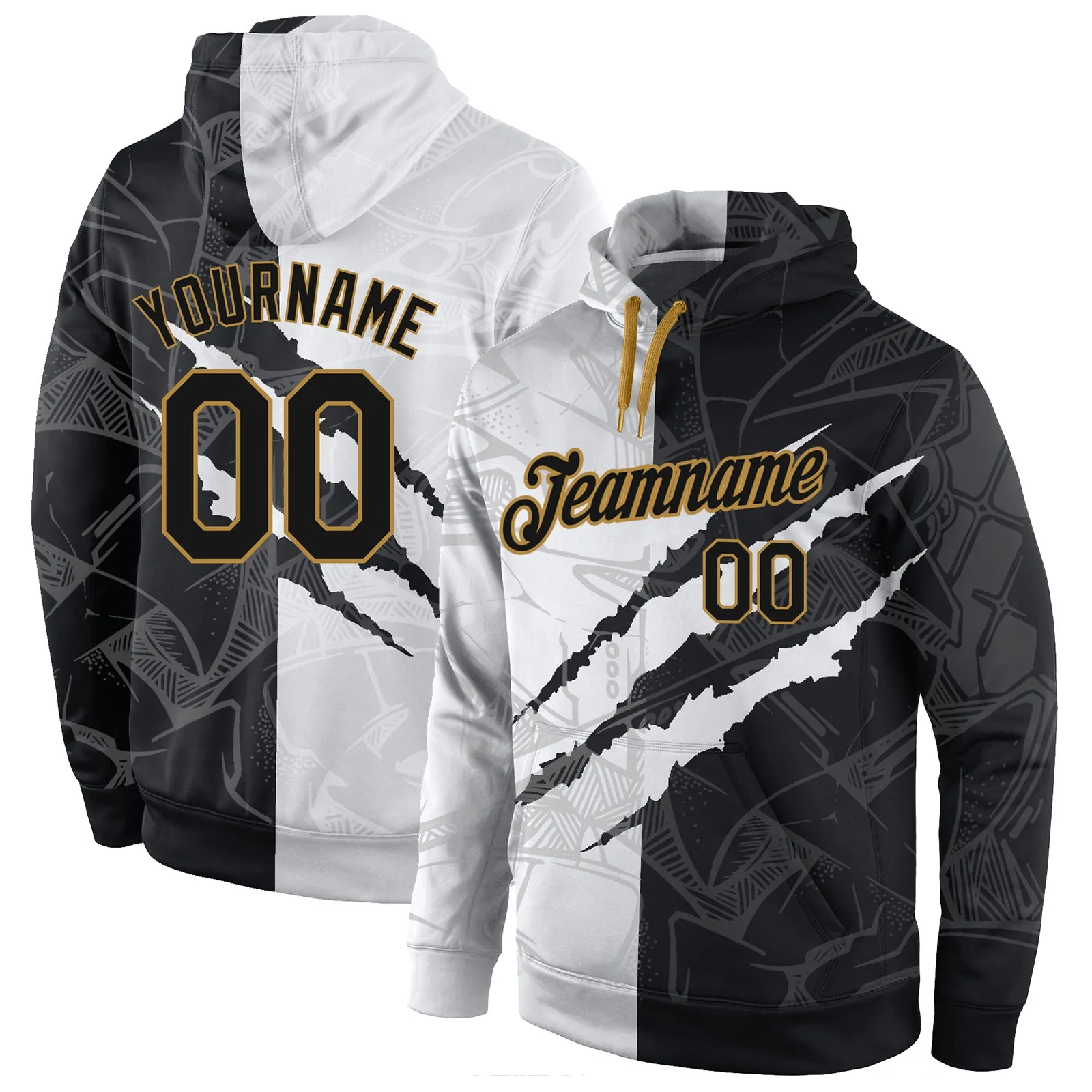 Custom Stitched Graffiti Pattern Black-Old Gold 3D Sports Pullover Sweatshirt Hoodie