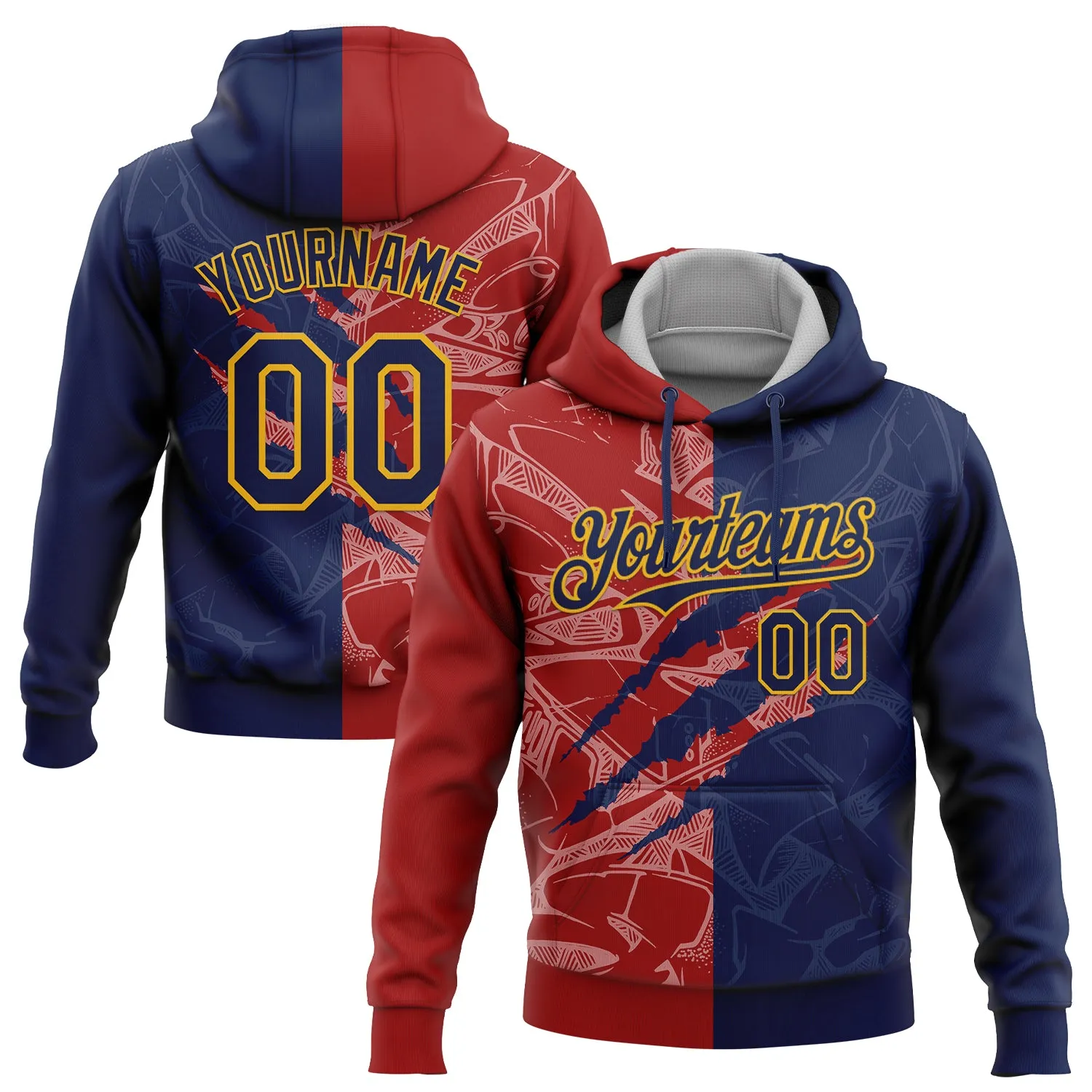 Custom Stitched Graffiti Pattern Navy Red-Gold 3D Scratch Sports Pullover Sweatshirt Hoodie