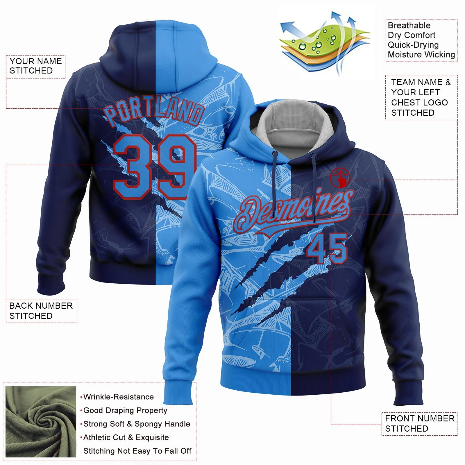 Custom Stitched Graffiti Pattern Powder Blue Navy-Red 3D Scratch Sports Pullover Sweatshirt Hoodie