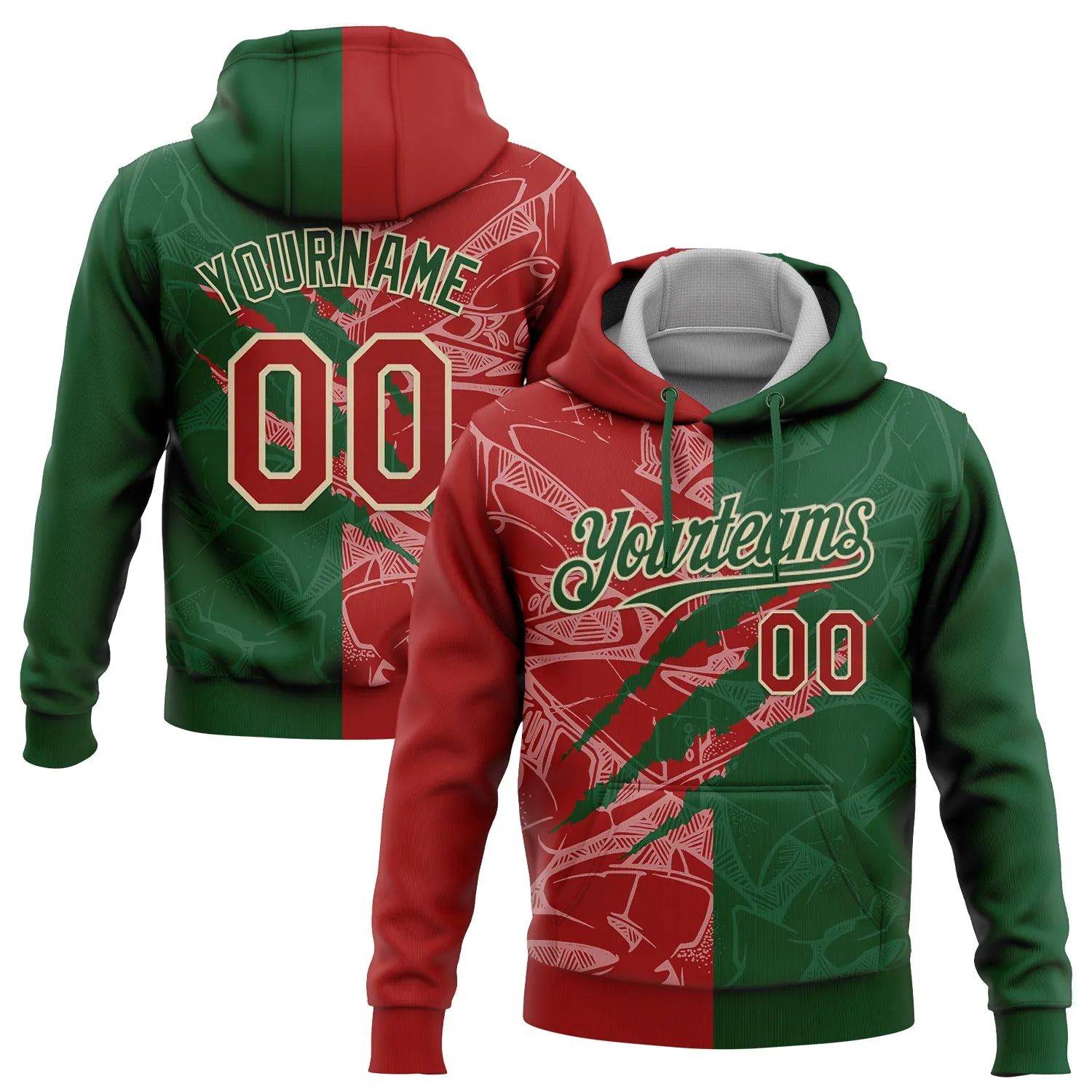 Custom Stitched Graffiti Pattern Red Green-Cream 3D Scratch Sports Pullover Sweatshirt Hoodie